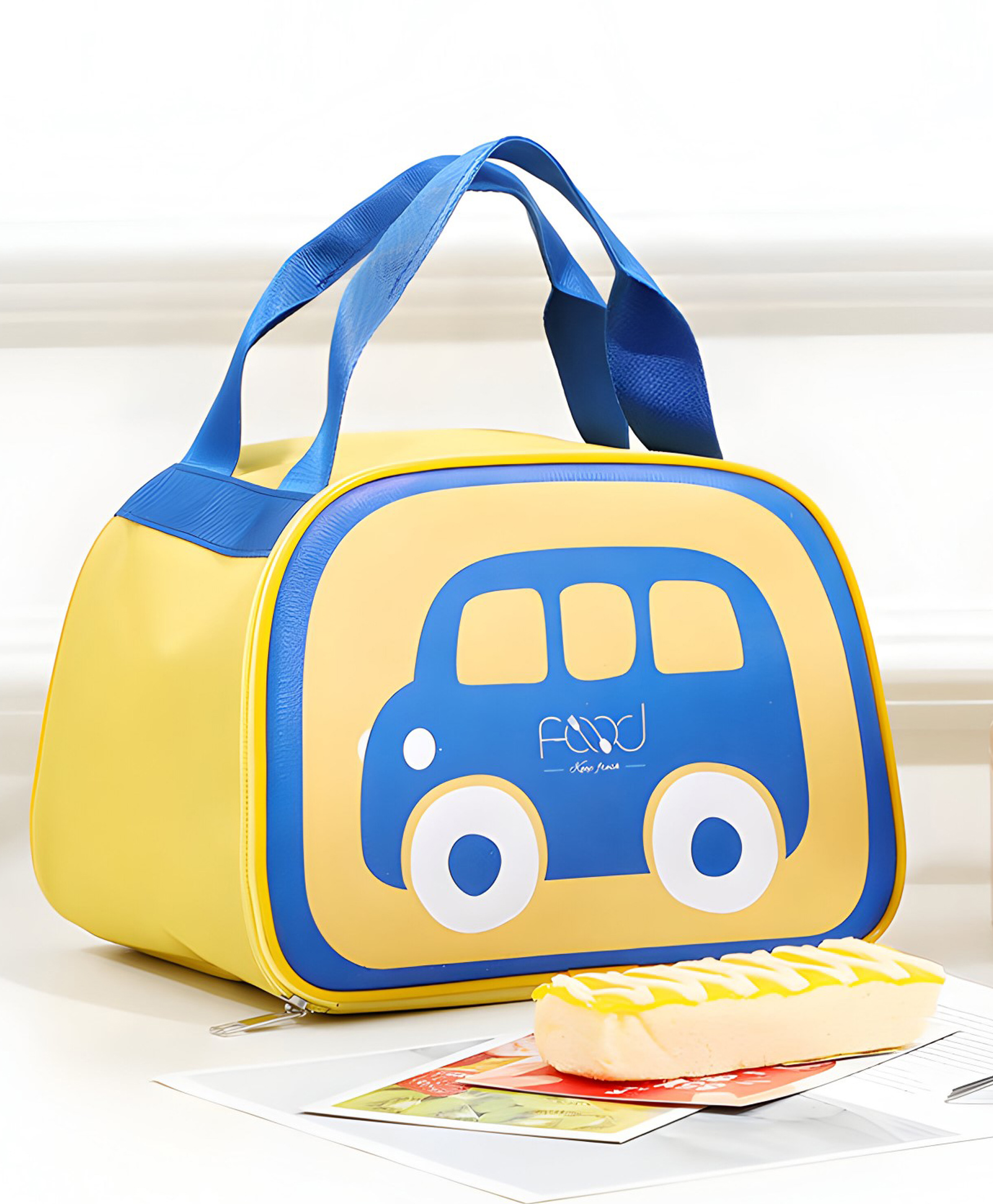 SChoolish Small Portable Children's Cartoon Lunch Bag, Cute Car Print, Bright Contrast Picnic Lunch Tote Bag Pack of 1 - Yellow-image-46