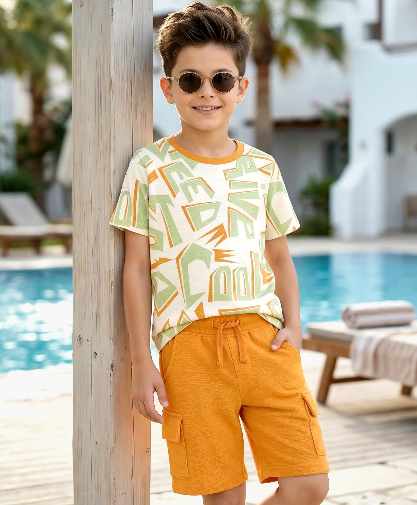 OLLINGTON ST. Cotton Knit Printed Half Sleeves T-Shirt & Knit Shorts Set - Multicolor-image-35