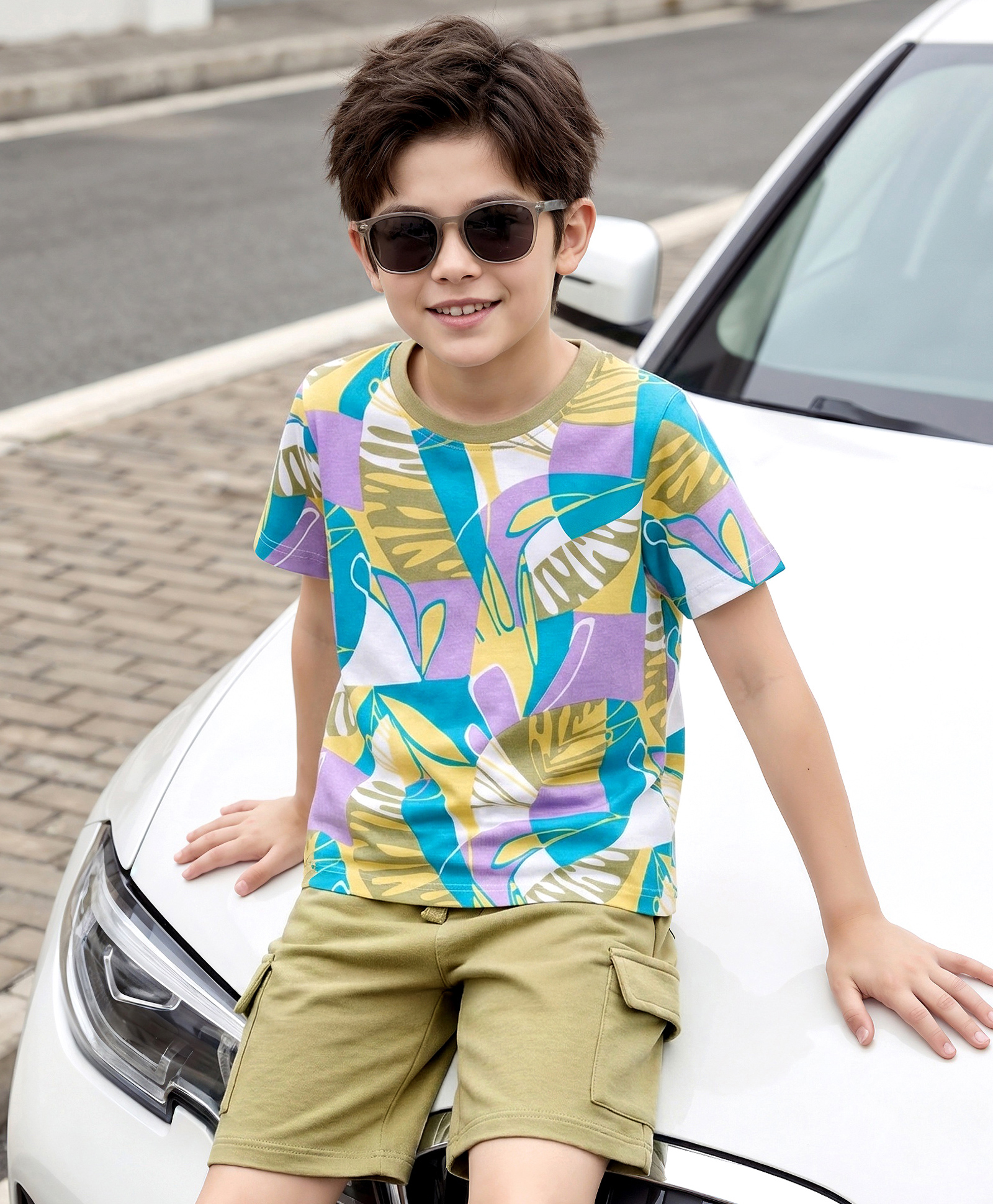 OLLINGTON ST. Cotton Knit Printed Half Sleeves T-Shirt & Knit Shorts Set - Multicolor-image-38