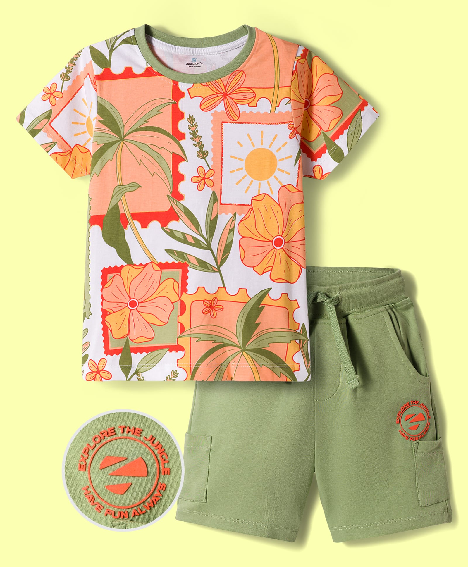 OLLINGTON ST. Cotton Knit Printed Half Sleeves T-Shirt & Knit Shorts Set - Multicolor-image-41