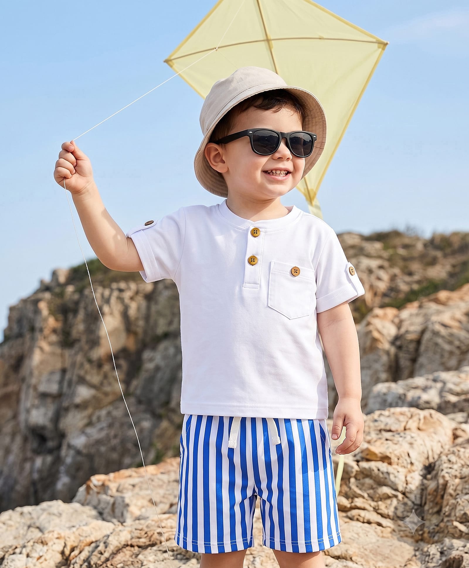 Babyoye 100% Cotton Yarn Dyed Waffle Knit Half Sleeves Solid Colour T-Shirts & Striped Shorts White & Blue-picture-14