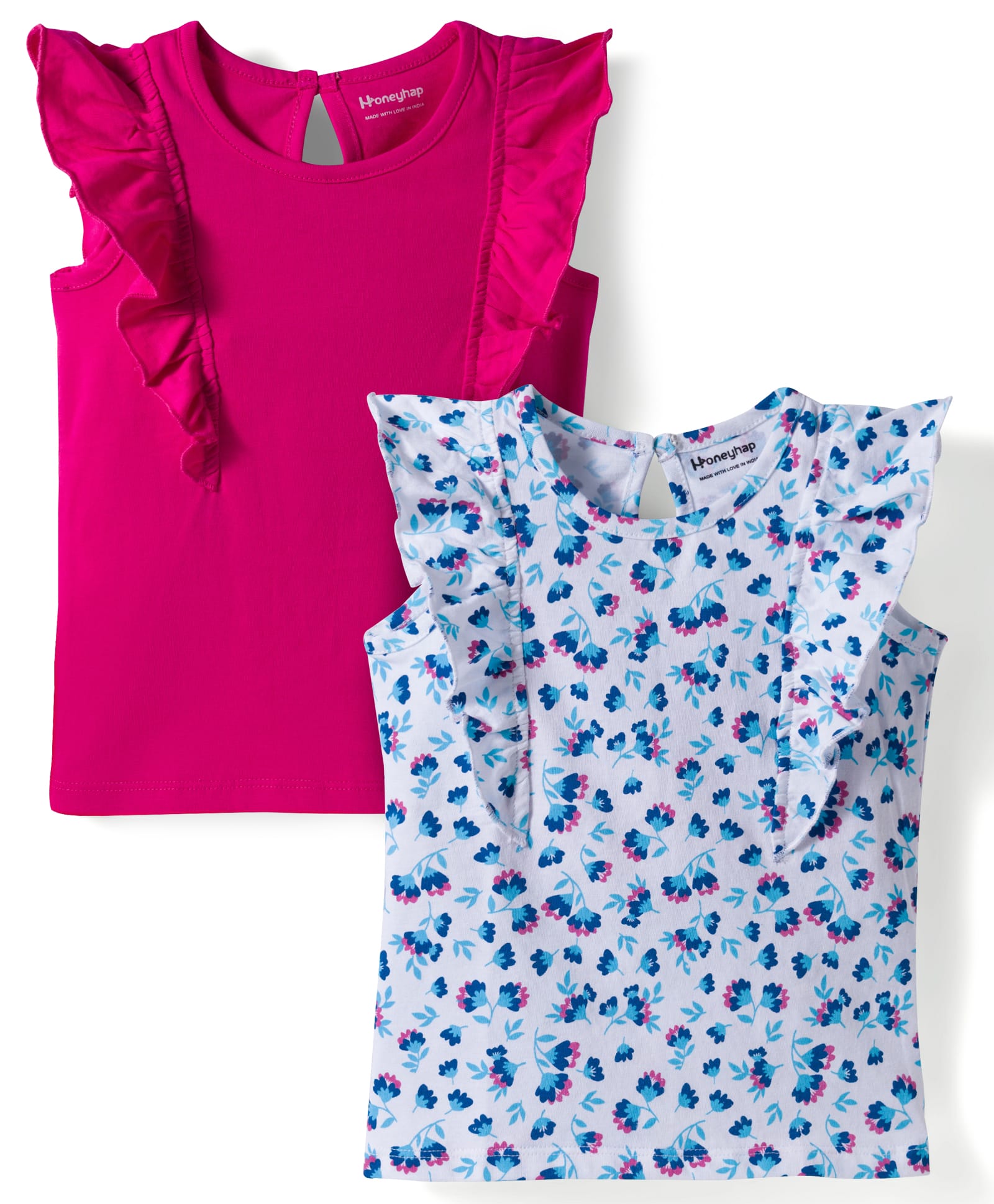 Honeyhap Premium 100% Cotton Knit Sleeveless Solid & Floral Printed Top with Bio Finish Frill Detailing Pack of 2 - Bright White & Plox Pink