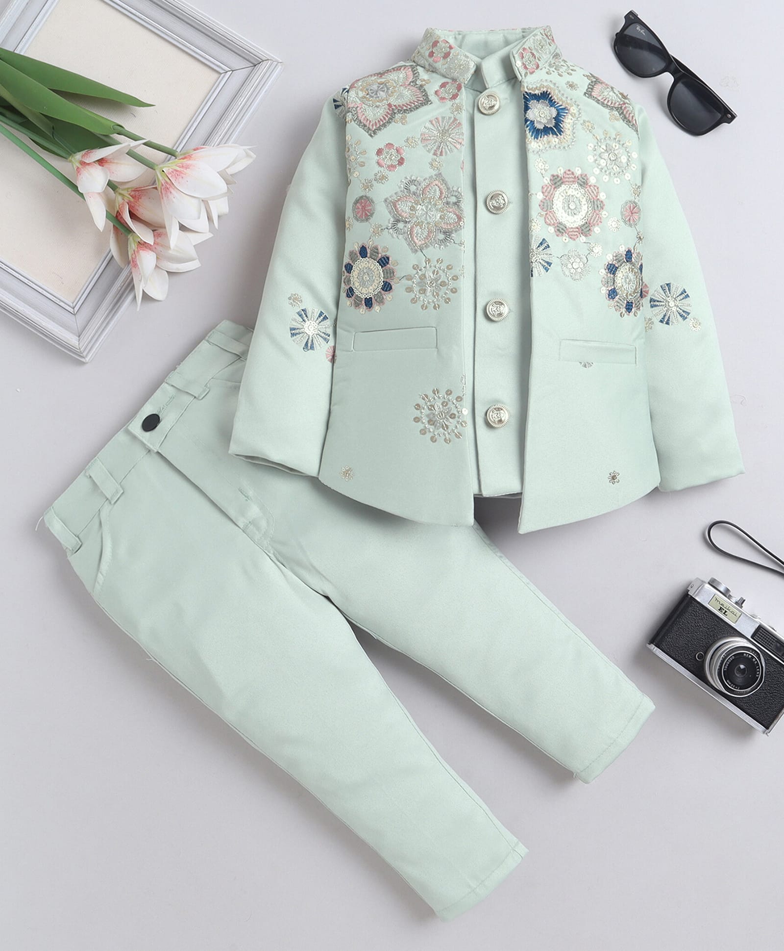 Fourfolds Woven Full Sleeves Floral Embroidered Sequins Embellished Sherwani With Trousers Set - Mint Green-image-5