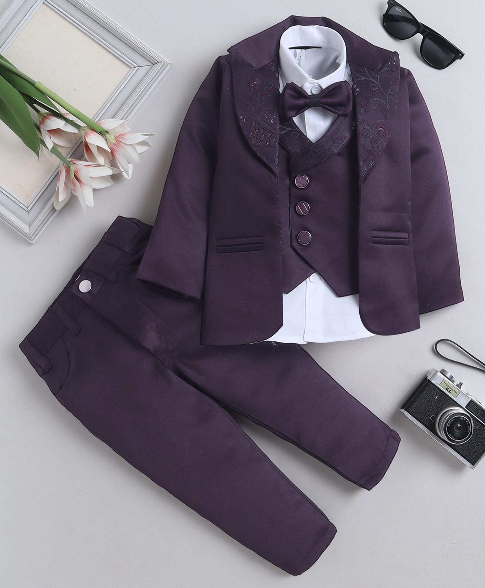Fourfolds Woven Full Sleeves Floral Embroidered 3 Piece Party Suit Set With Bow - Wine-picture-22