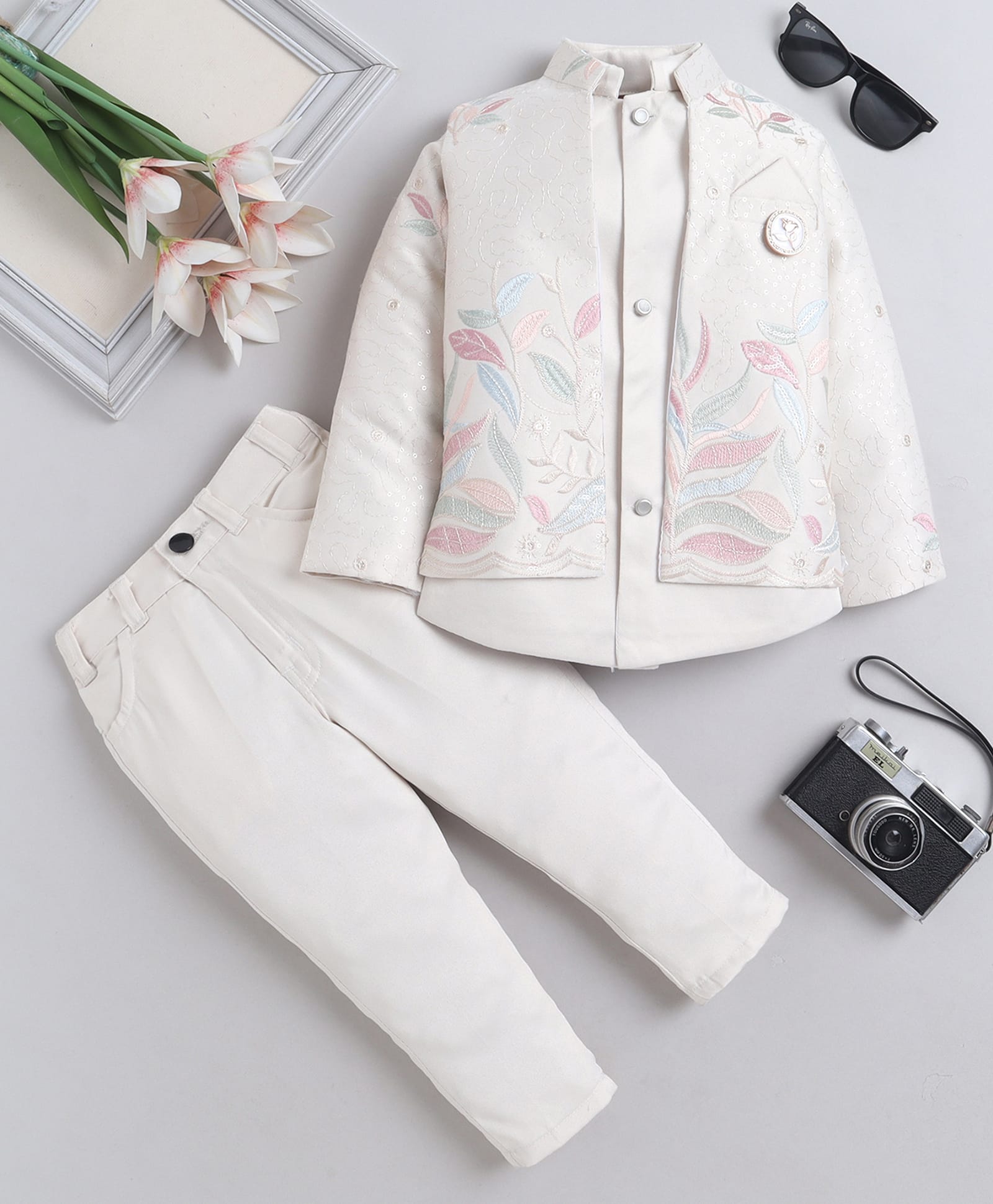 Fourfolds Woven Full Sleeves Floral & Leaves Embroidered Sequins Embellished Sherwani With Trousers Set - Beige-picture-17