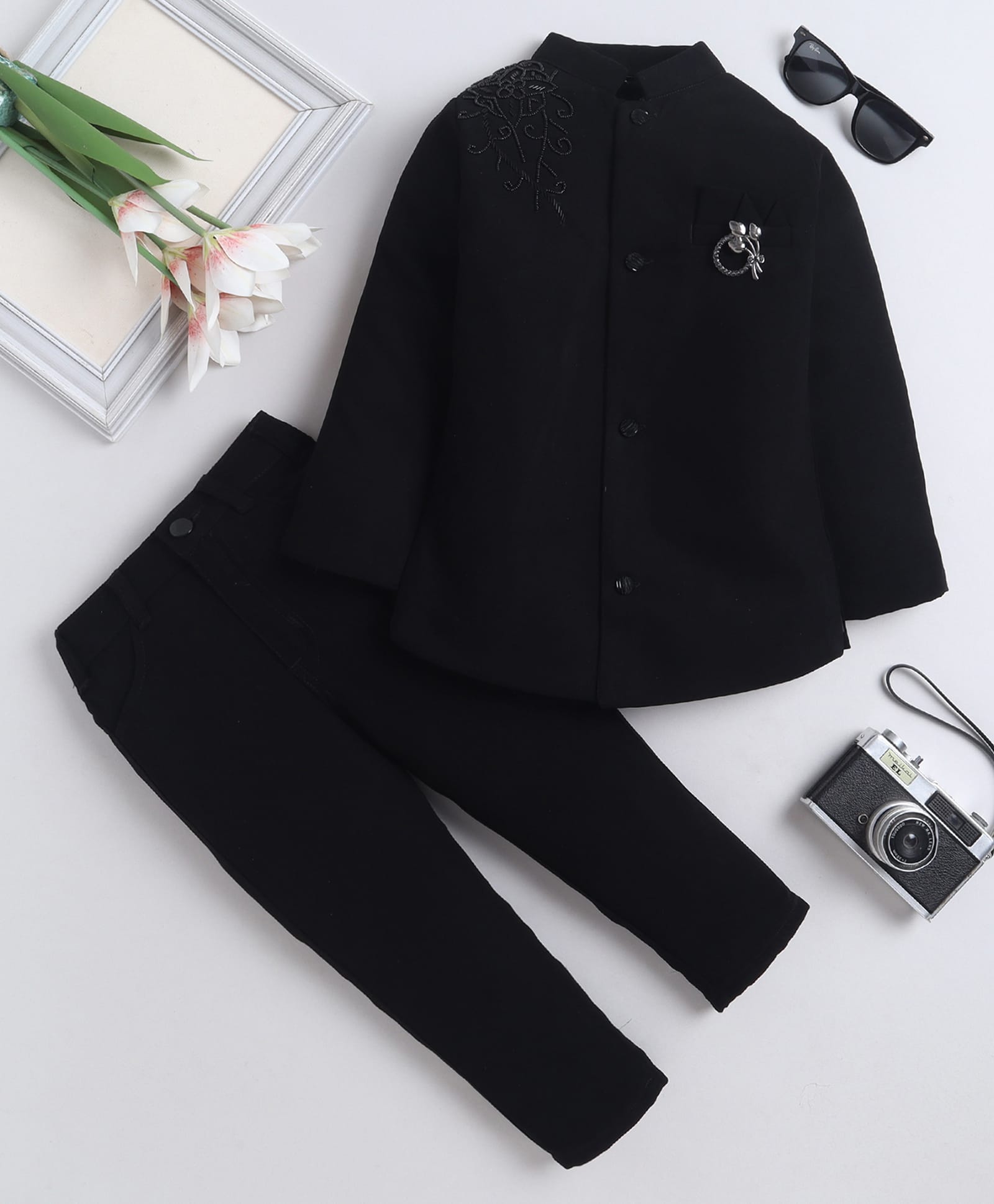Fourfolds Cotton Blend Woven Full Sleeves Floral Designed Beads Embellished Sherwani & Trouser Set - Black-image-4