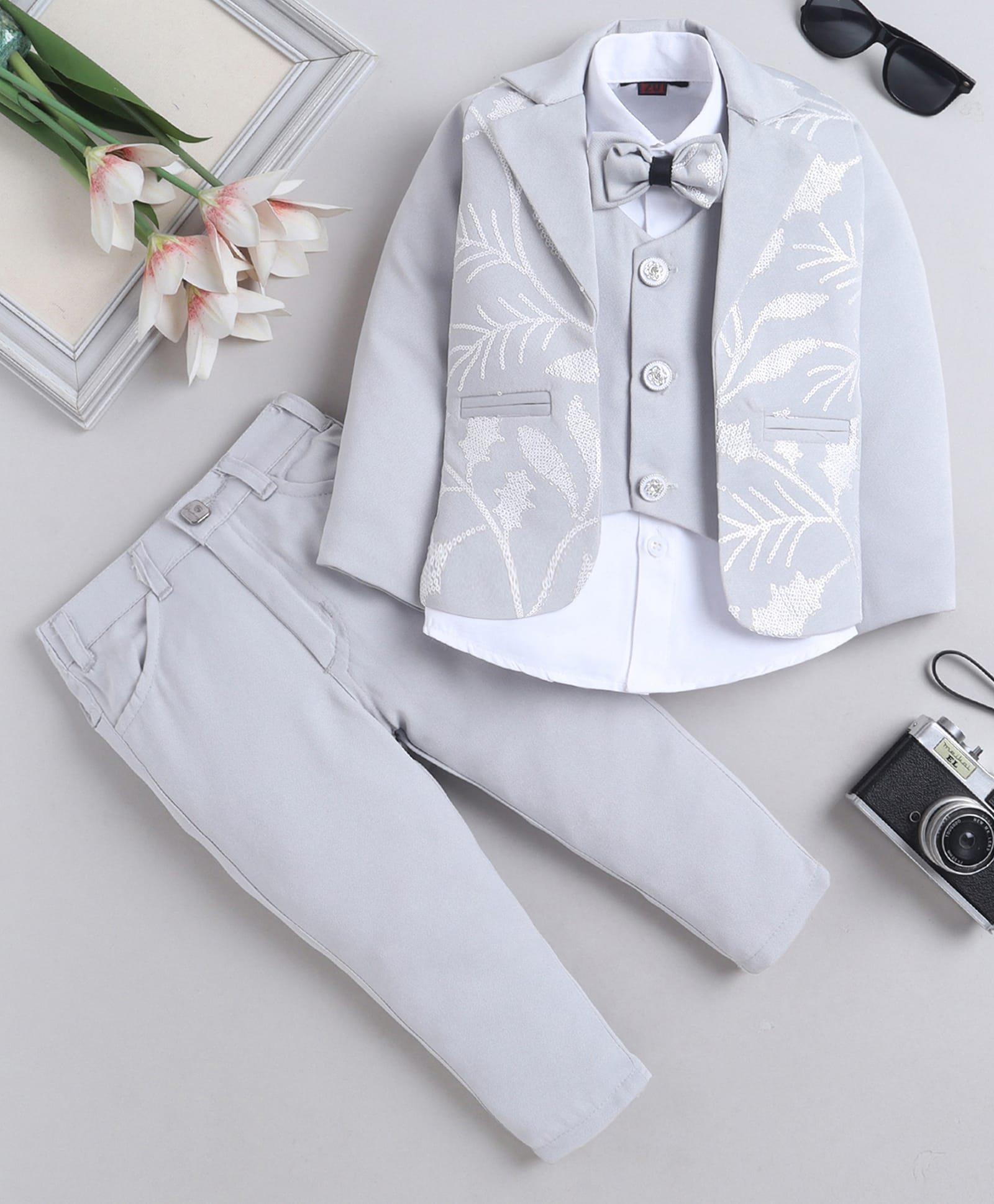 Fourfolds Cotton Blend Woven Full Sleeves Sequins Embellished 3 Piece Party Suit Set With Bow - Grey-image-7