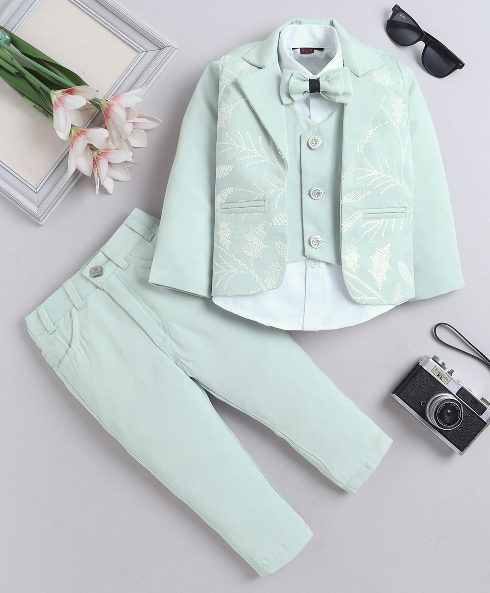 Fourfolds Cotton Blend Woven Full Sleeves Sequins Embellished 3 Piece Party Suit Set With Bow - Mint Green-image-27