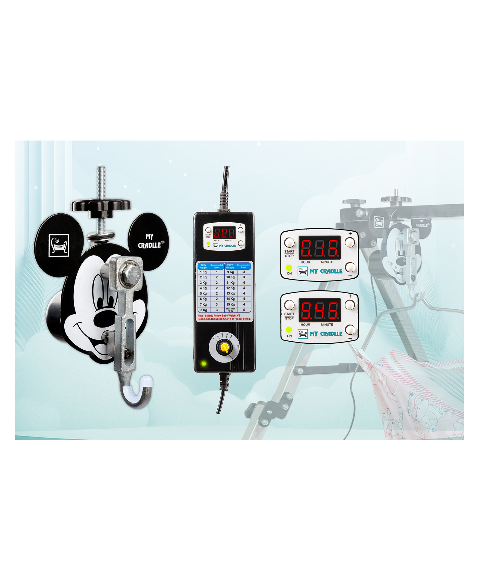 my cradlle Electric Cradle Motor 5-Speed + Timer Set 15 min to 9.45 hrs. First Time in India Time and Speed Adjustable Kit 20kg Load, for New Born Baby-Mickey Mouse (Only Automation Kit)(Cradle not Included)-picture-10