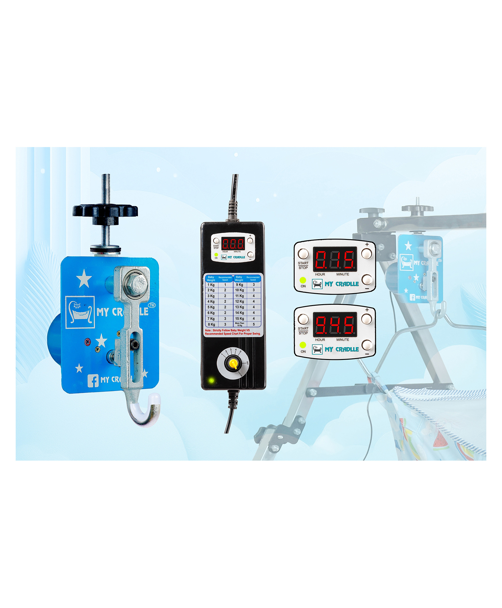 my cradlle Electric Cradle Motor 5-Speed + Timer Set 15 min to 9.45 hrs. First Time in India Time and Speed Adjustable Kit 20kg Load, for New Born Baby-Blue Square (Only Automation Kit)(Cradle not Included)-picture-11
