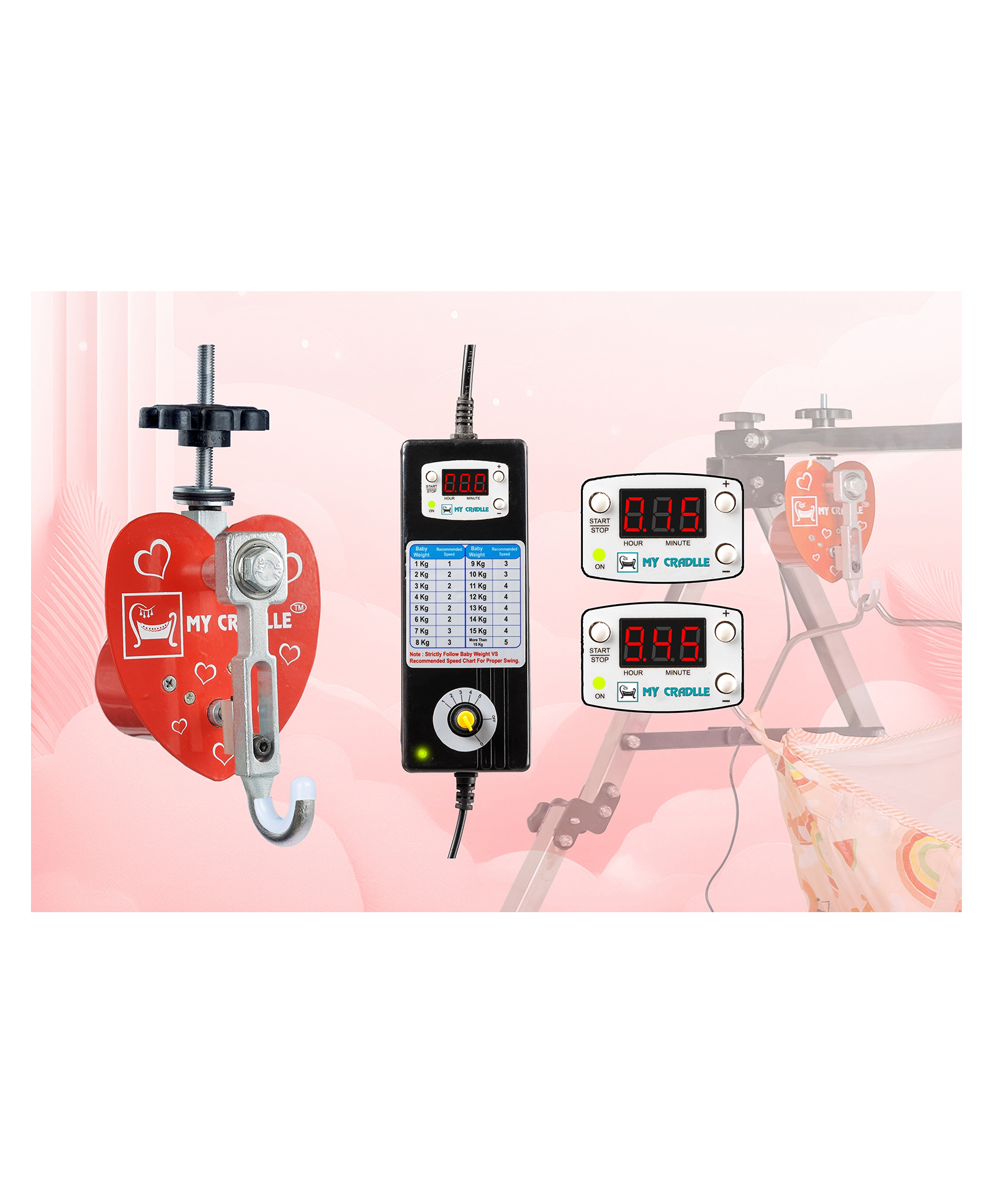 my cradlle Electric Cradle Motor 5-Speed Timer + Set 15 min to 9.45 hrs. First Time in India Time and Speed Adjustable Kit 20kg Load, for New Born Baby-Red Heart (Only Automation Kit)(Cradle not Included)-picture-21