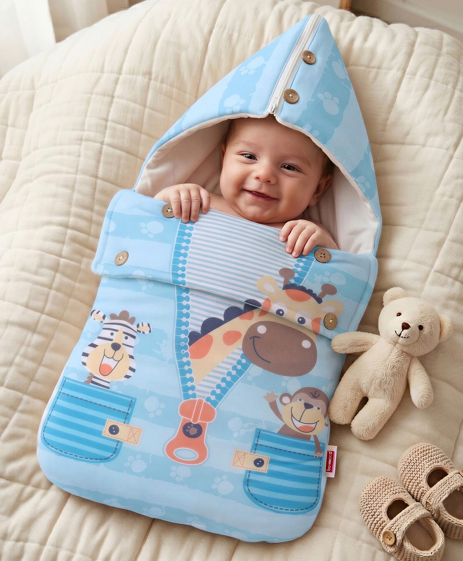 Babyhug Snuggle Buddy Teddy Sleeping Bag with Hood Blue| 100% Cotton Baby Sleep Sack| Ultra Soft| Warm & Cozy| All-Season Wearable Blanket| 0-6 Months-image-37