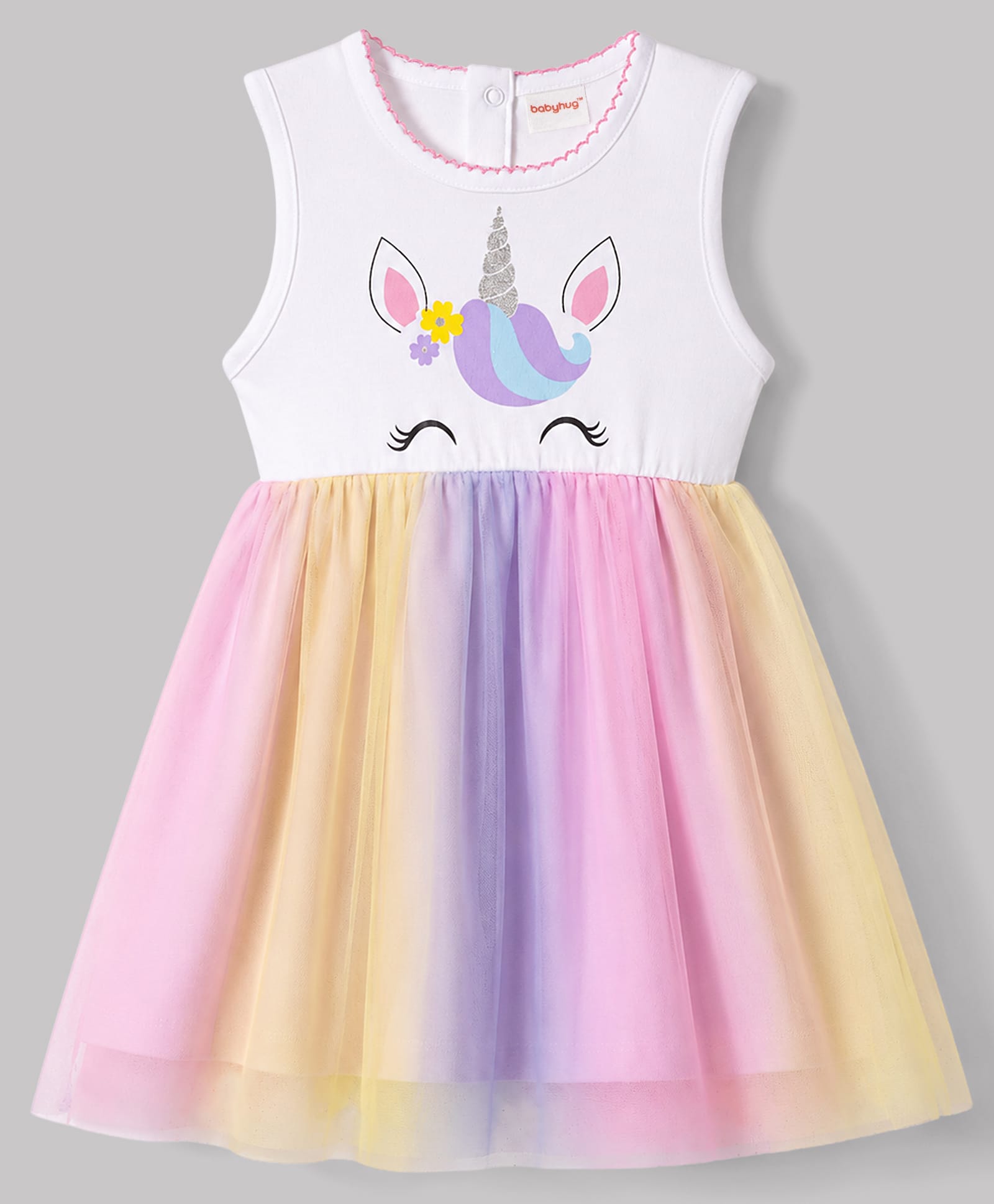 Babyhug Mesh Knit Sleeveless Unicorn Glitter Printed Frock - White-image-15