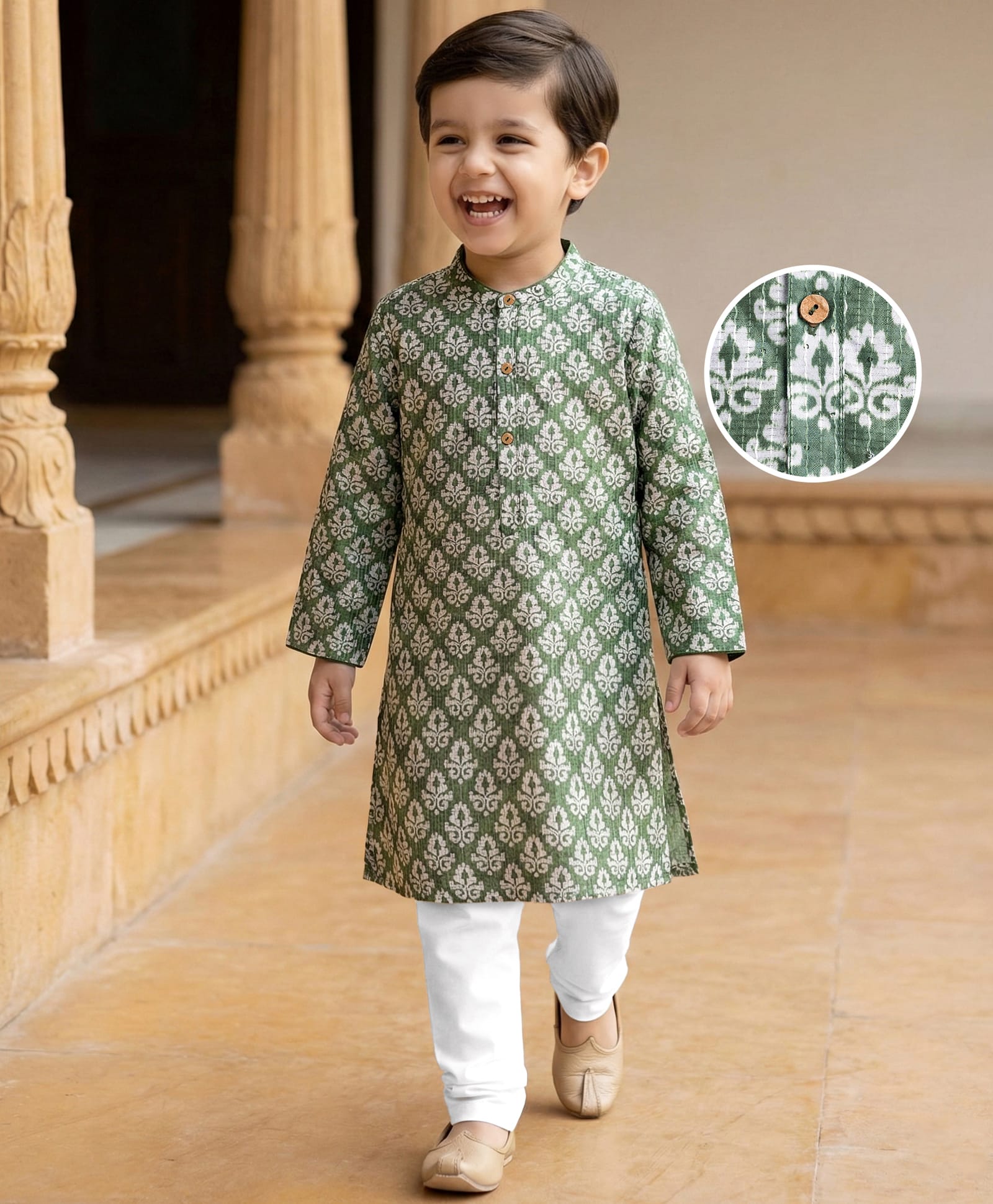 Babyhug Cotton Woven Full Sleeves Floral Print & Embroidered Kurta Pyjama Set - Green