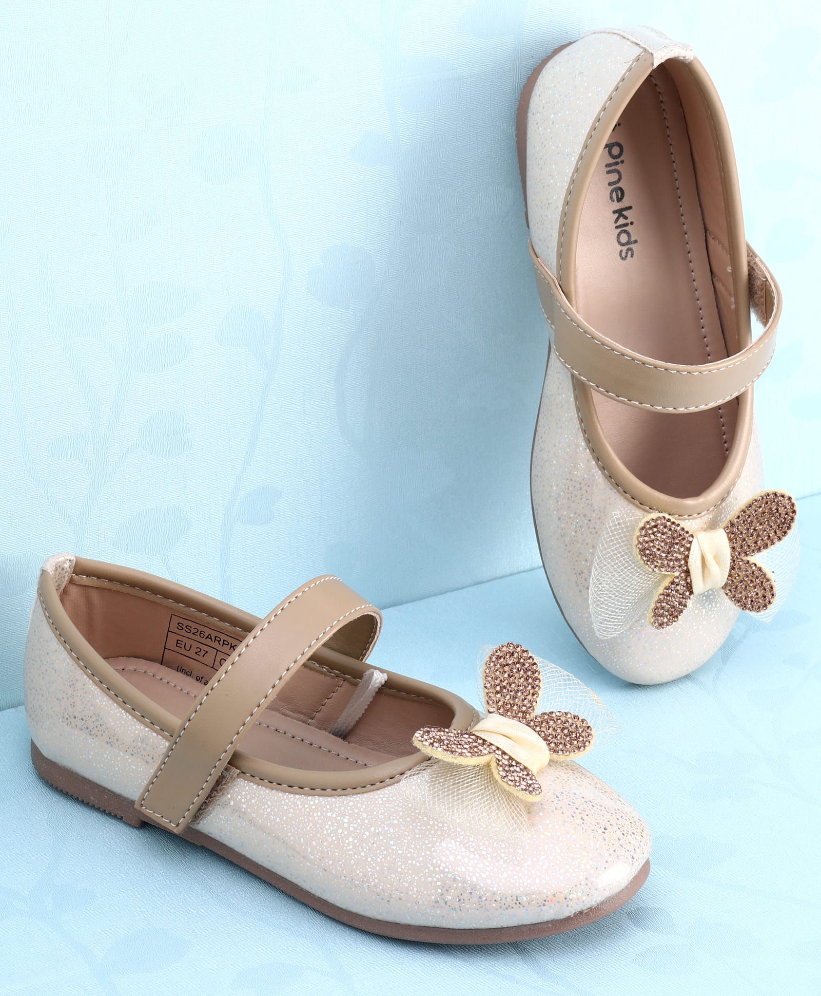 Pine Kids PU Velcro Closure Butterfly Applique Party Wear Ballerina - Golden