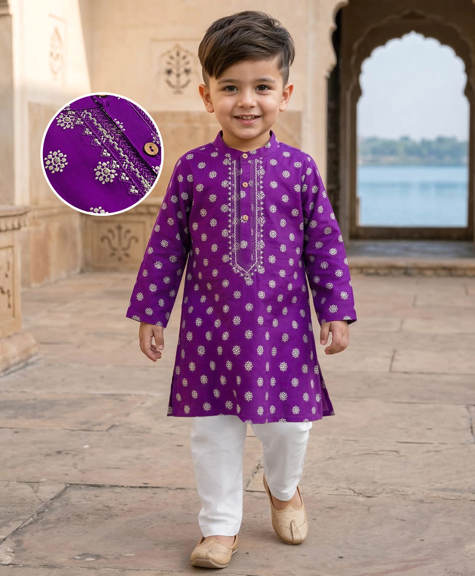 Babyhug Woven Full Sleeves Kurta Pyjama Set With Foil Print - Purple-picture-20