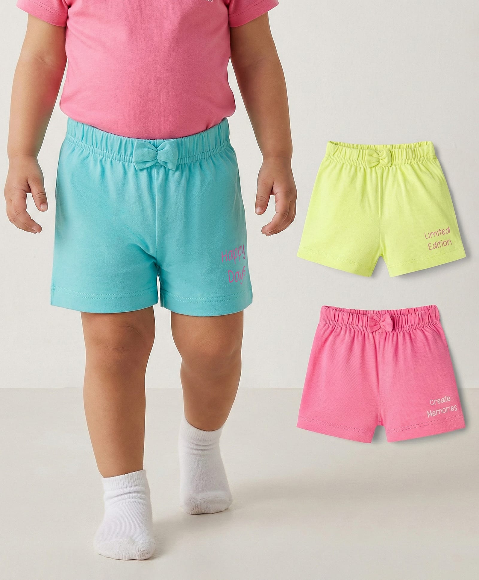 Babyhug Cotton Knit Mid Thigh Shorts with Text Print & Bow Applique Pack of 3 - Multicolor-image-47
