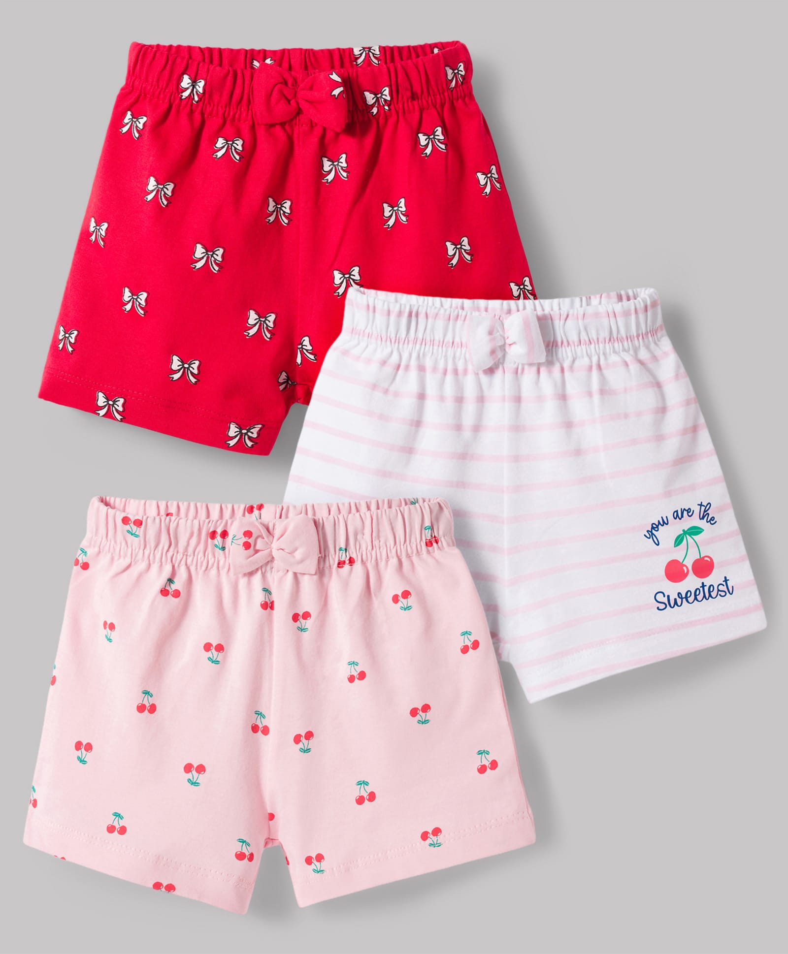 Babyhug Single Jersey Knit Mid Thigh Shorts with Cherry & Bow Print Pack of 3 - Multicolor-picture-12