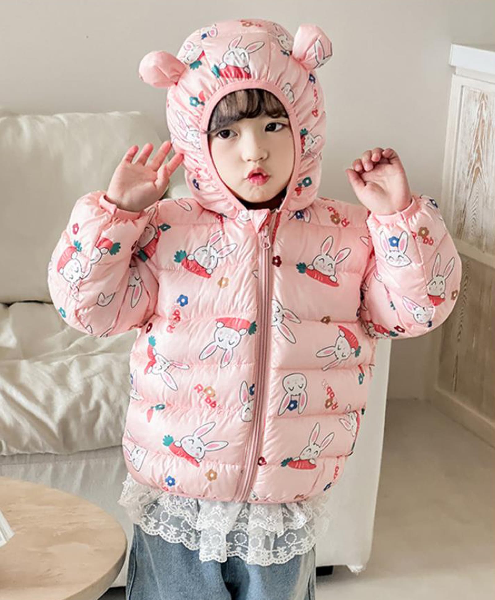 Babymoon Woven Full Sleeves Bunny Printed Light Winter Hooded Puffer Jacket - Orange-picture-17