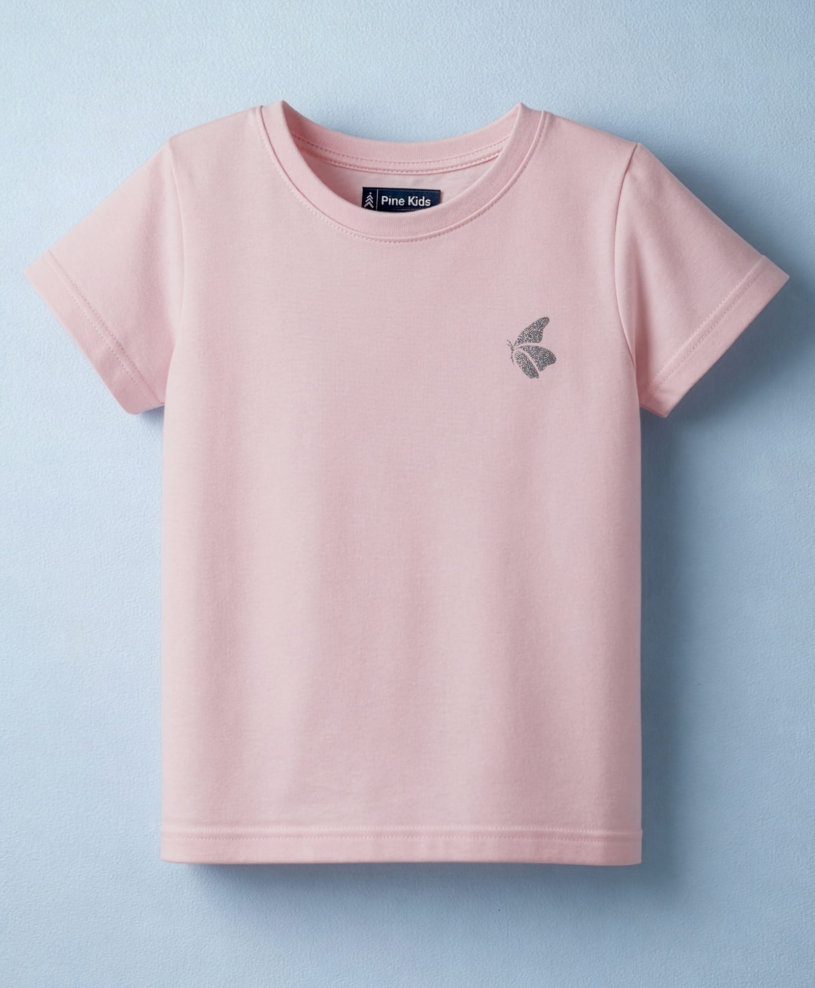 Pine Kids Cotton Knit Half Sleeves T-Shirt With Butterfly Glitter Print - Light Pink-image-37