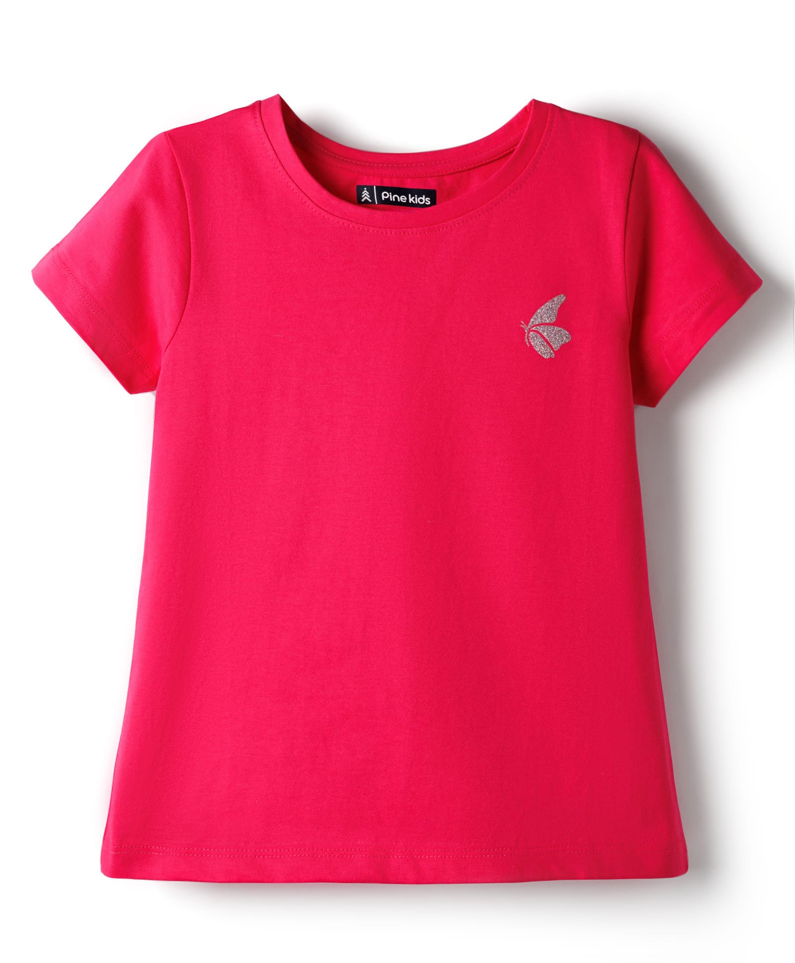 Pine Kids Cotton Knit Half Sleeves T-Shirt With Butterfly Glitter Print - Fuchsia