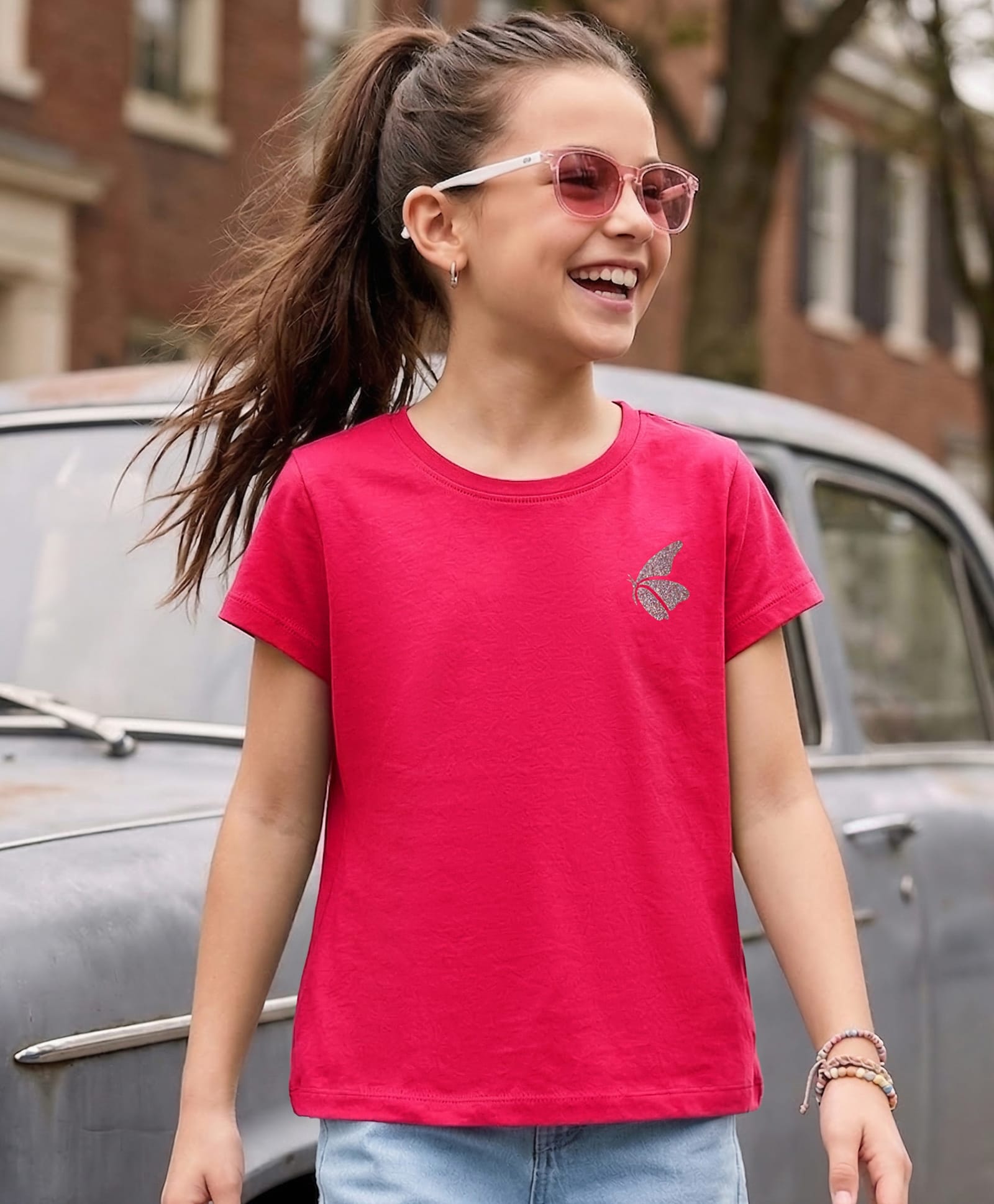 Pine Kids Cotton Knit Half Sleeves T-Shirt With Butterfly Glitter Print - Fuchsia-image-40