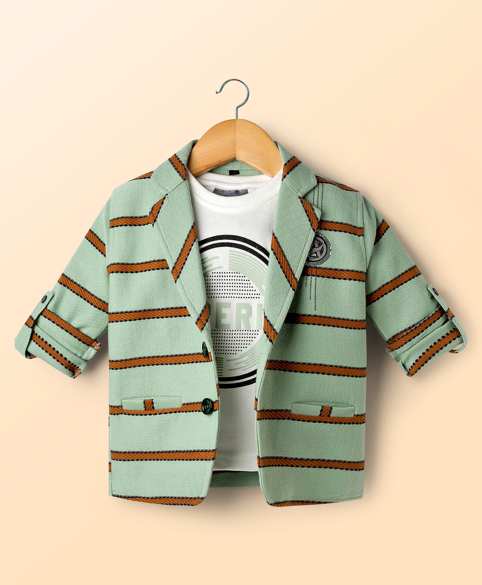 Dapper Dudes Cotton Woven Full Sleeves Striped Blazer With Typographic Tee - Light Green-picture-17
