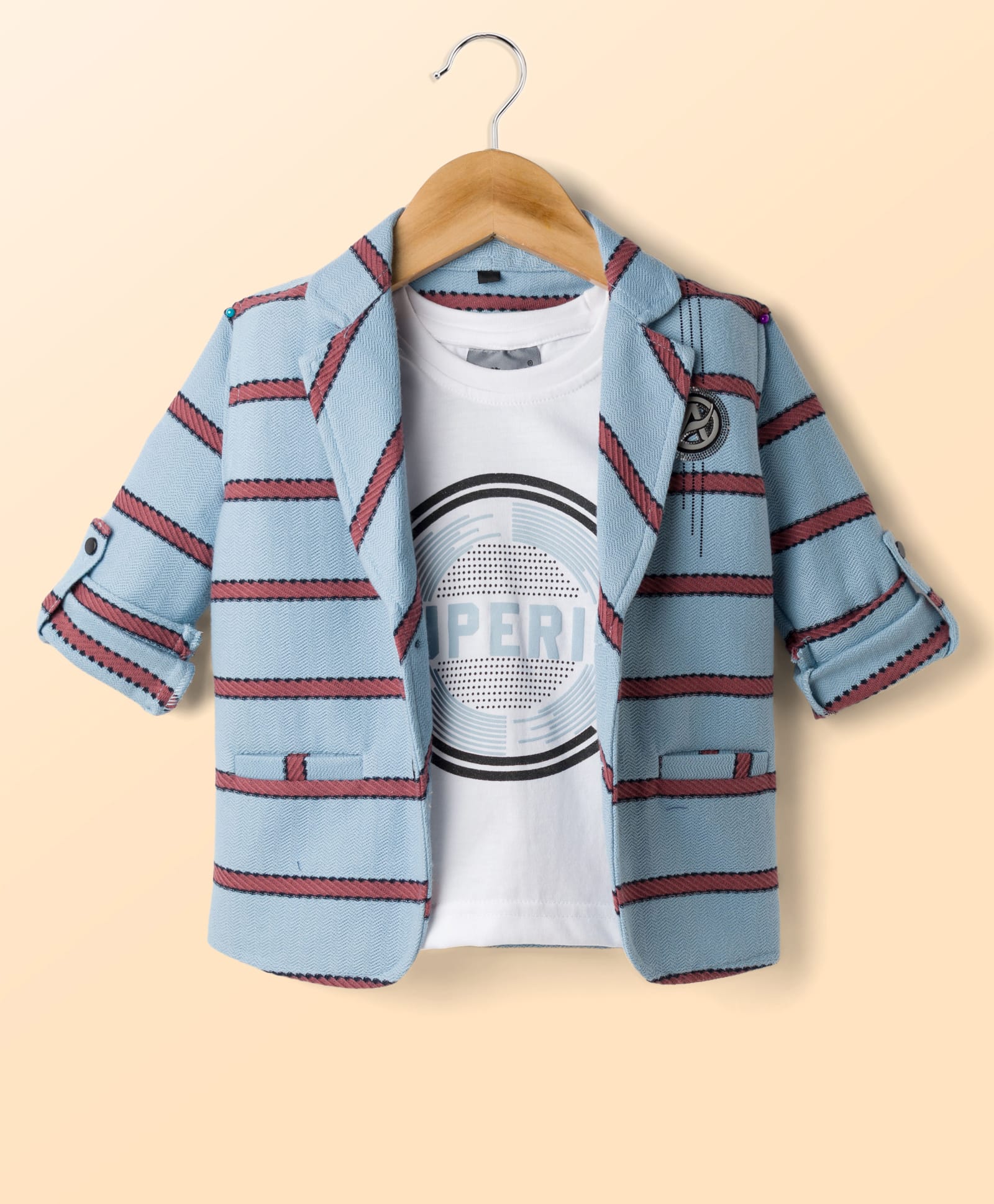 Dapper Dudes Cotton Woven Full Sleeves Striped Blazer With Typographic Tee - Light Blue-image-48