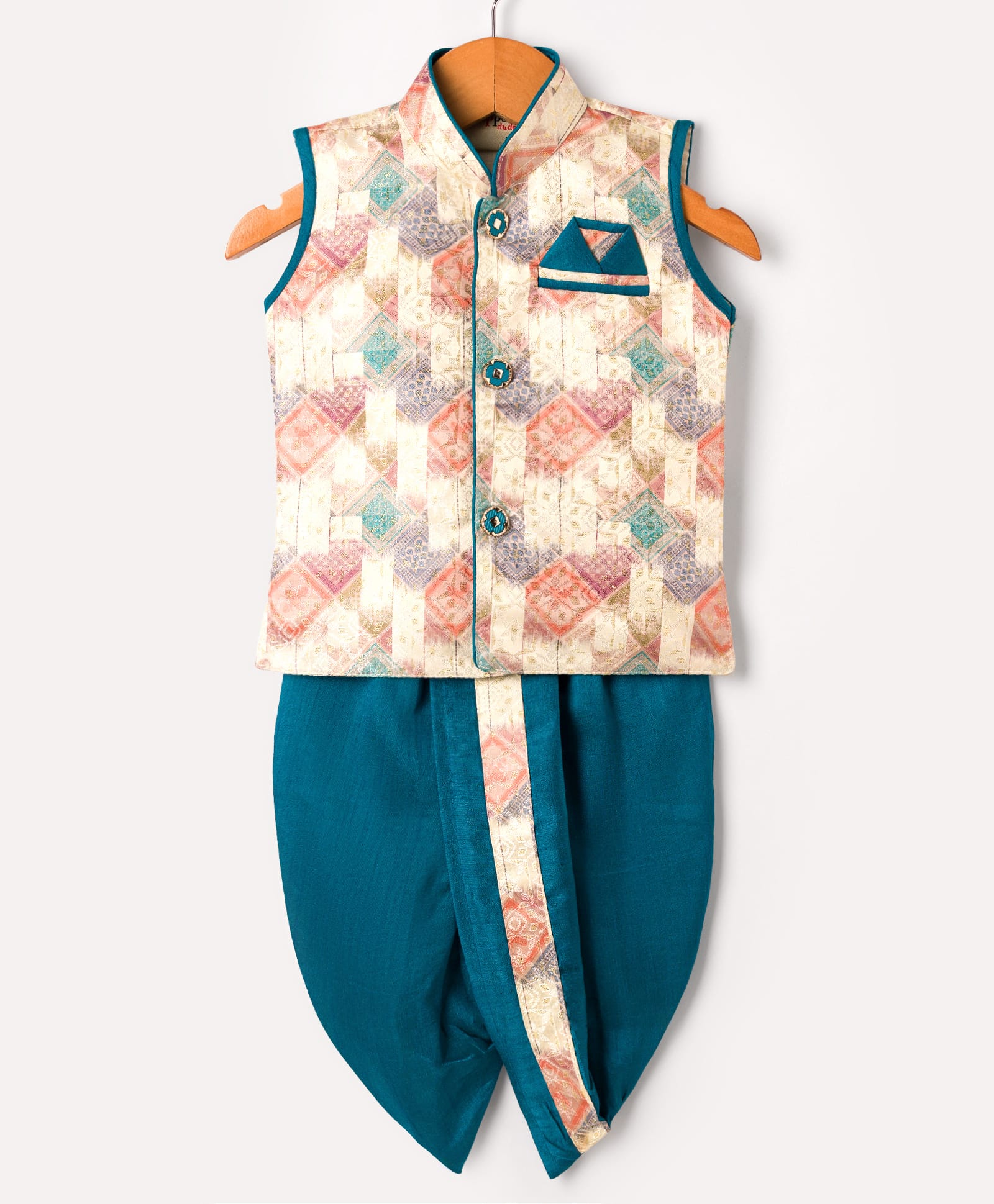 Dapper Dudes Cotton Silk Woven Sleeveless Abstract Printed Kurta & Co-Ordinating Dhoti Set - Teal Blue-image-45