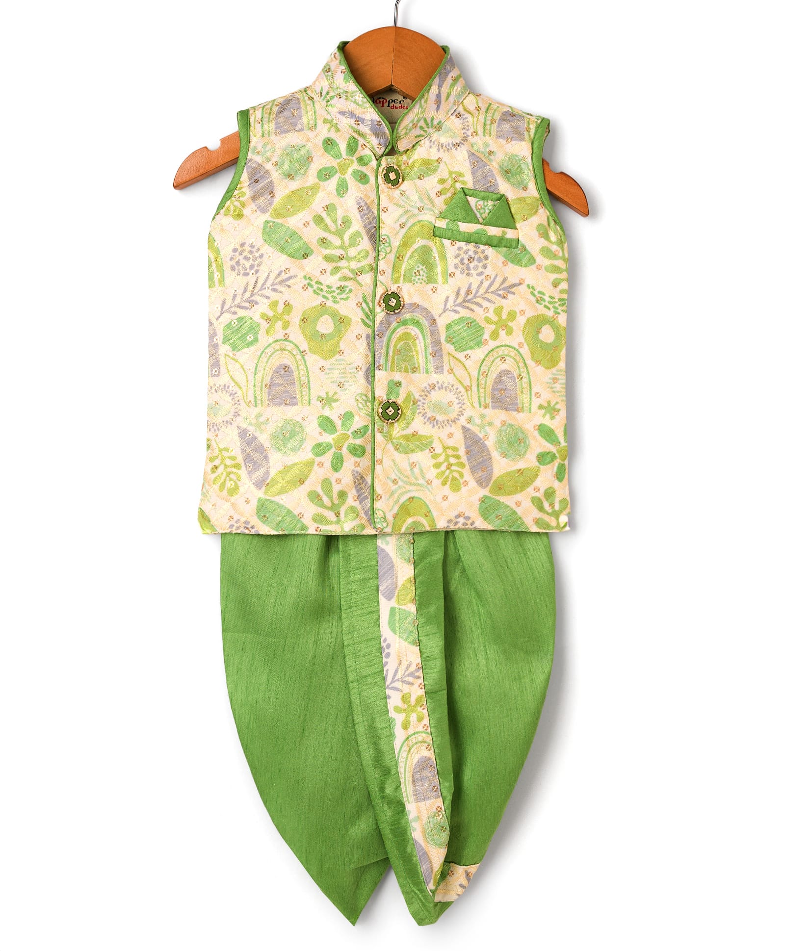 Dapper Dudes Cotton Silk Woven Sleeveless Motif Embroidered & Sequin Embellished Kurta & Co-Ordinating Dhoti Set - Light Green-picture-11