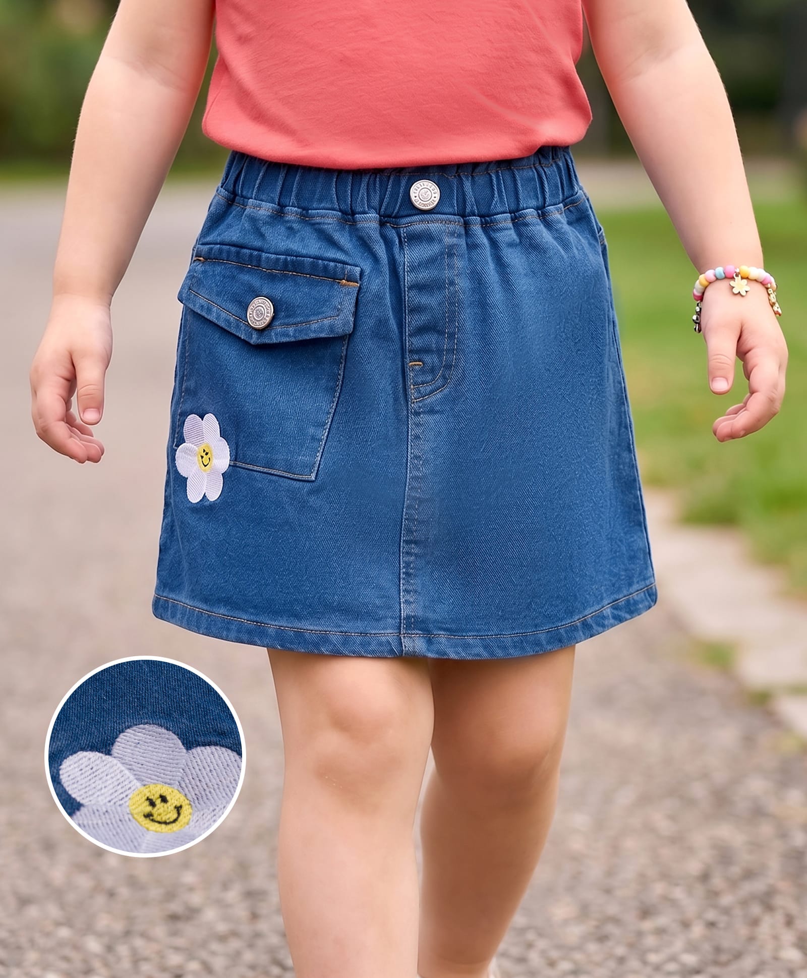 Mark & Mia Cotton Lycra Knee Length Denim Skirt With Floral Embroidery & Pocket Detailing - Blue-image-3