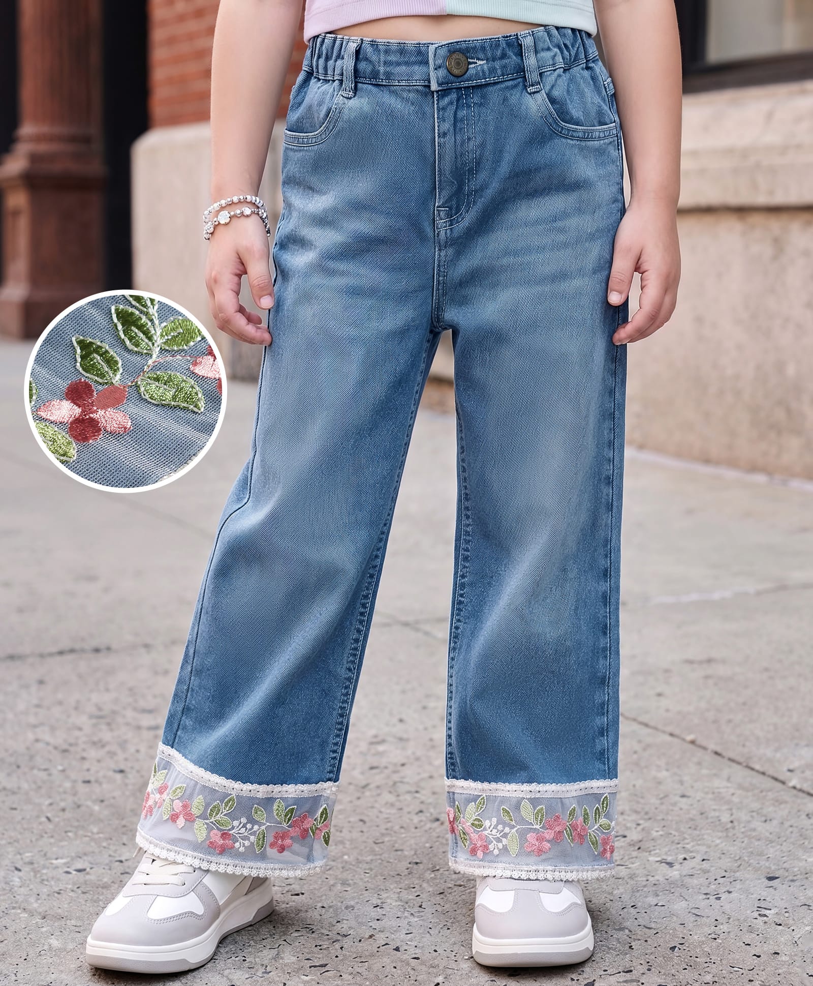 Mark & Mia Denim Cotton Lycra Full Length Jeans With Floral Lace Embroidery - Blue-picture-25