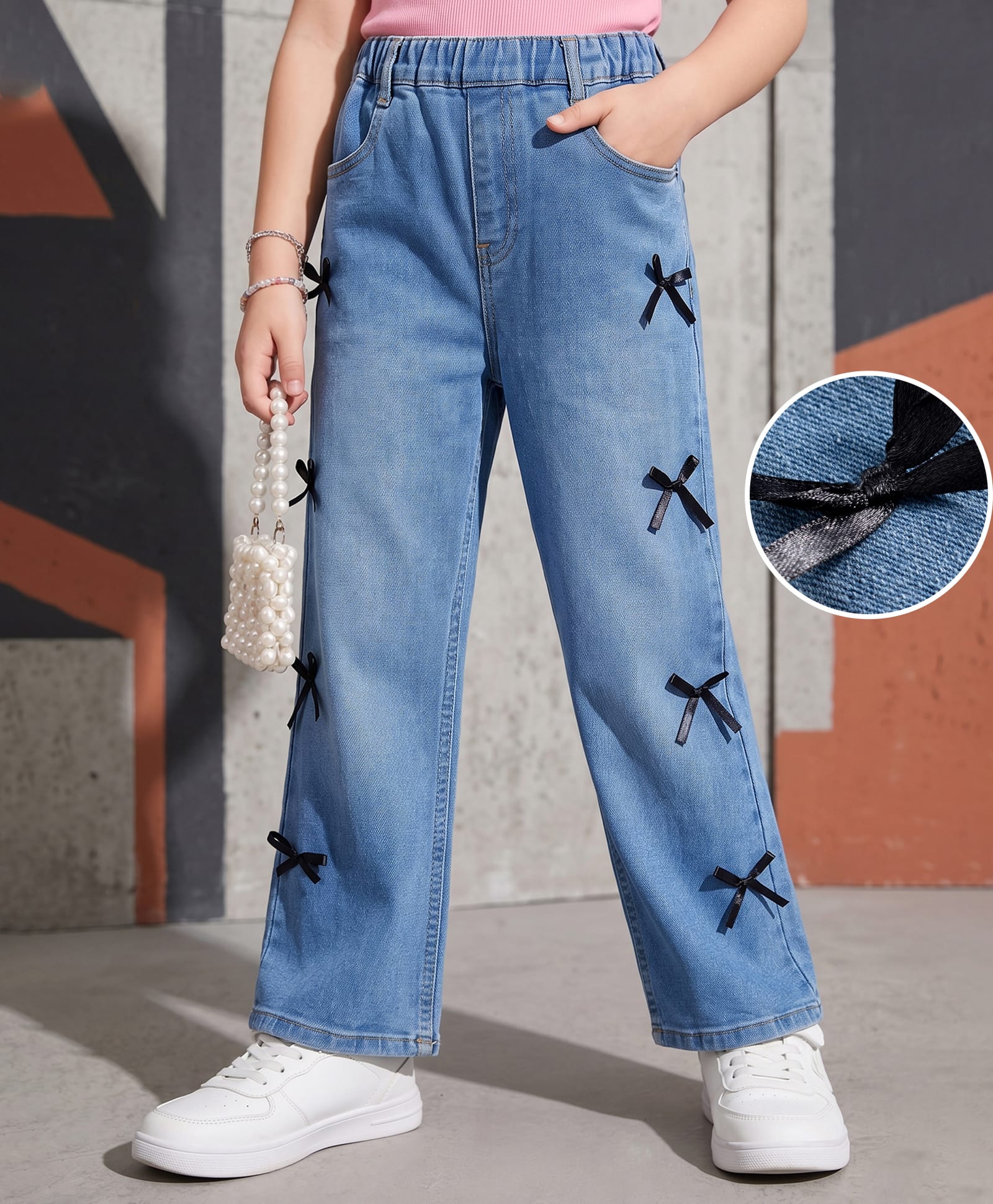 Mark & Mia Cotton Lycra Full Length Denim Jeans with Ribbon Bow Detailing - Blue-picture-36