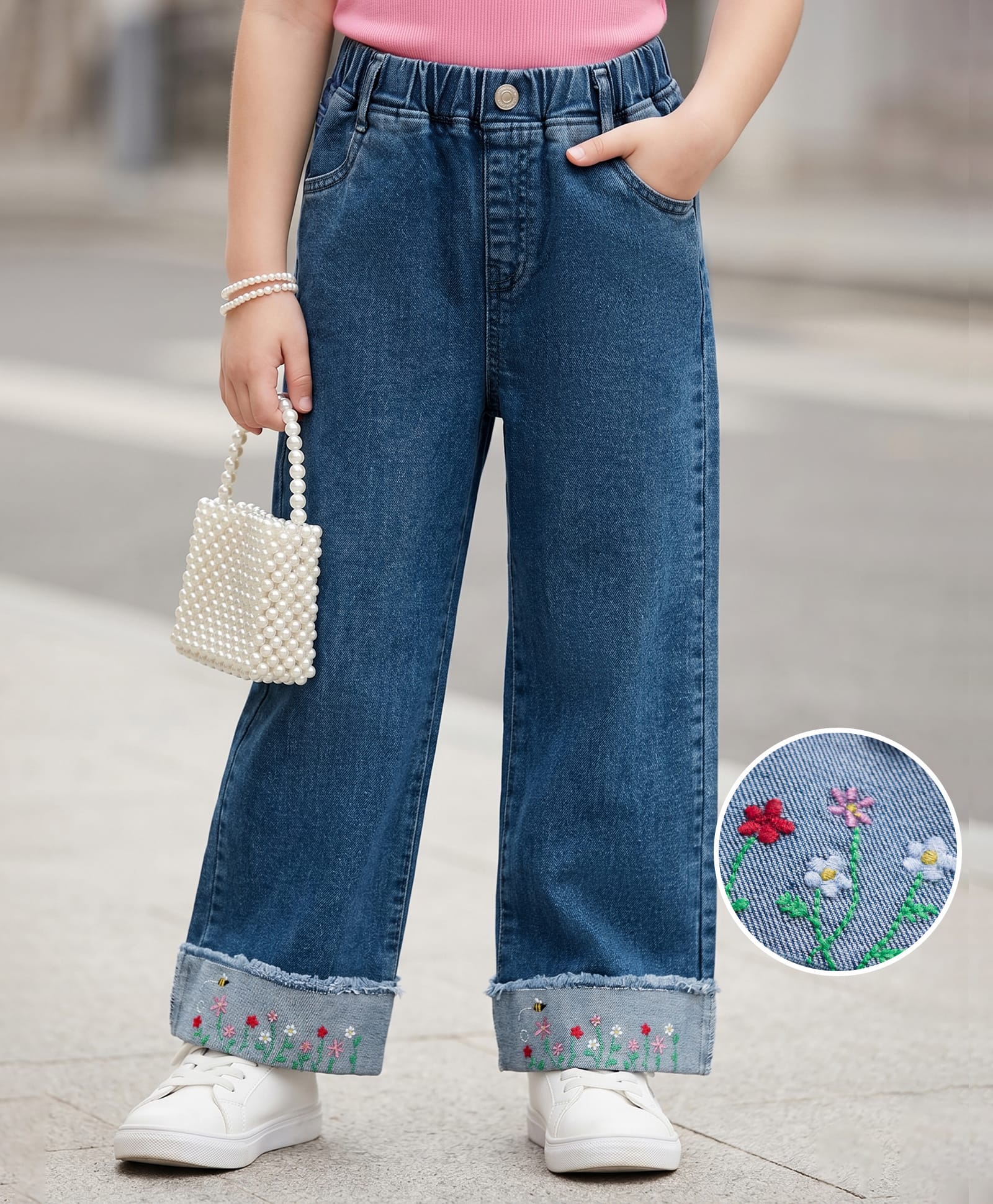 Mark & Mia Denim Cotton Lycra Full Length Jeans With Floral Embroidery - Navy Blue-picture-25