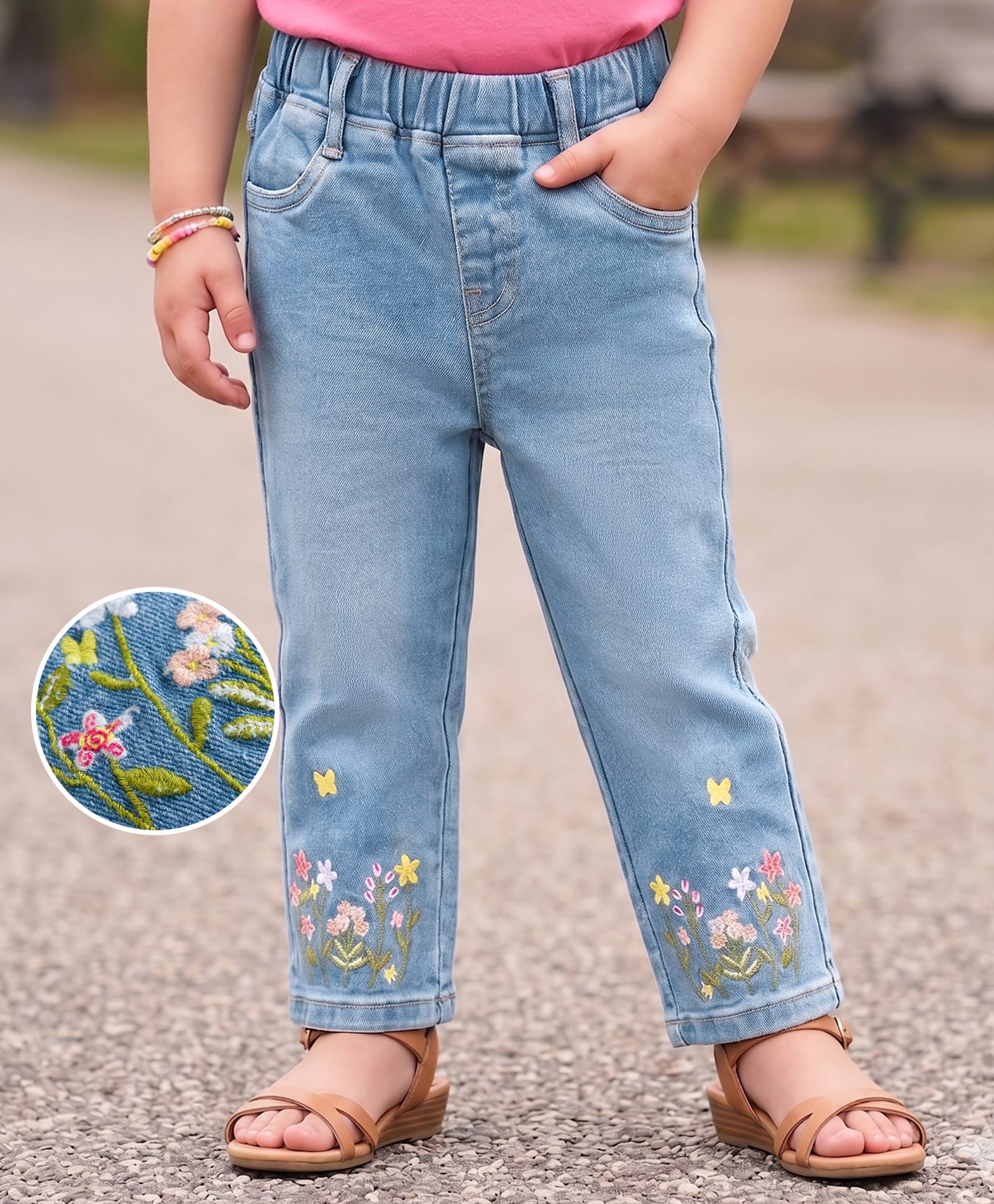 Mark & Mia Cotton Lycra Full Length Denim Jeans with Floral Embroidery - Blue-picture-26