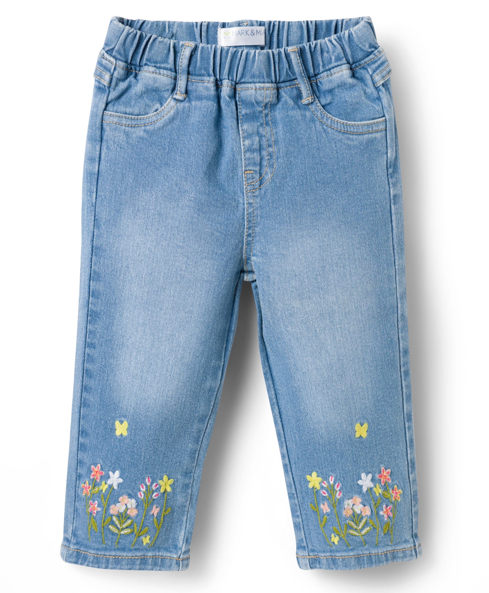 Mark & Mia Cotton Lycra Full Length Denim Jeans with Floral Embroidery - Blue