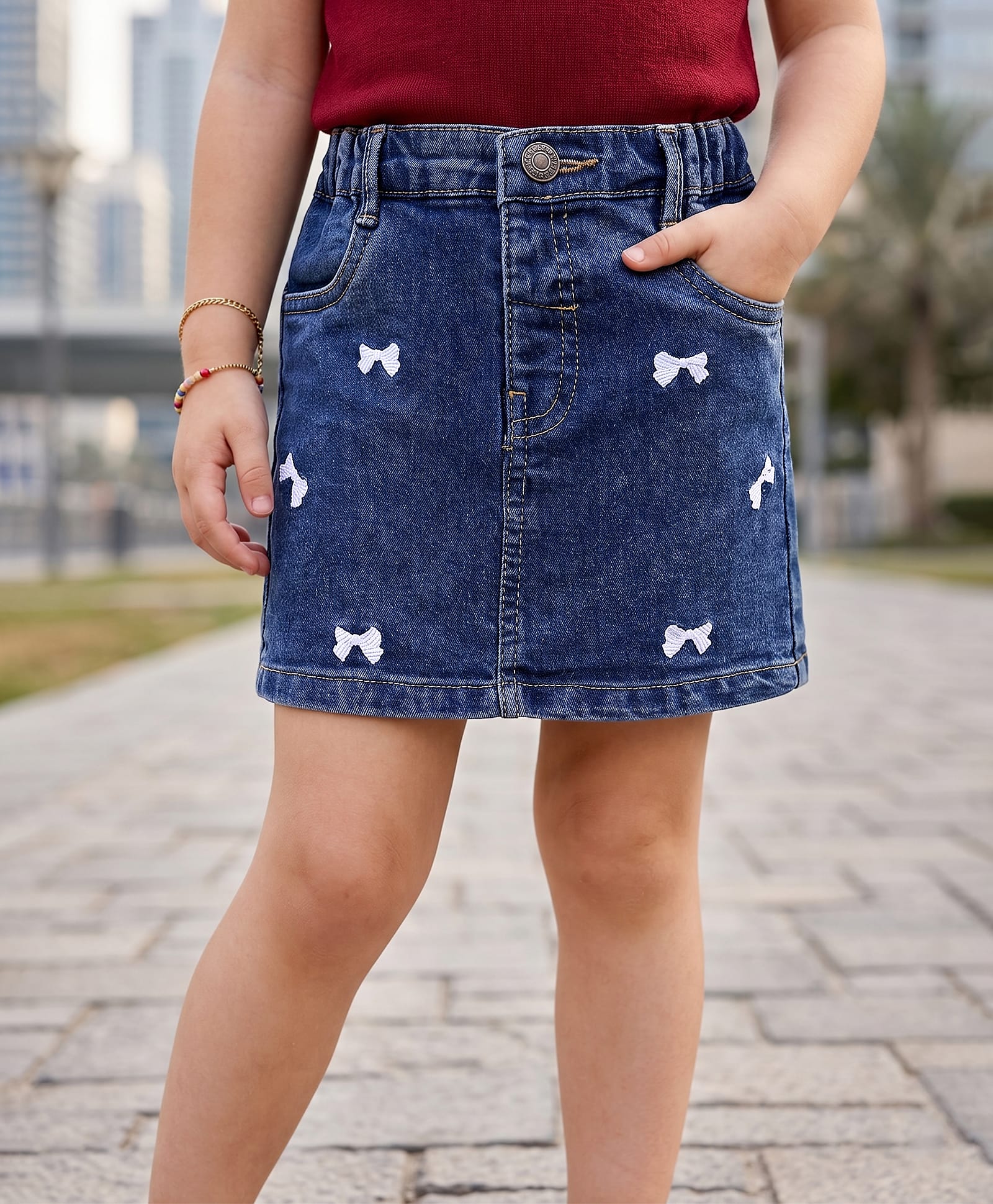 Mark & Mia Cotton Lycra Denim Skorts With Bow Embroidery - Blue-picture-19