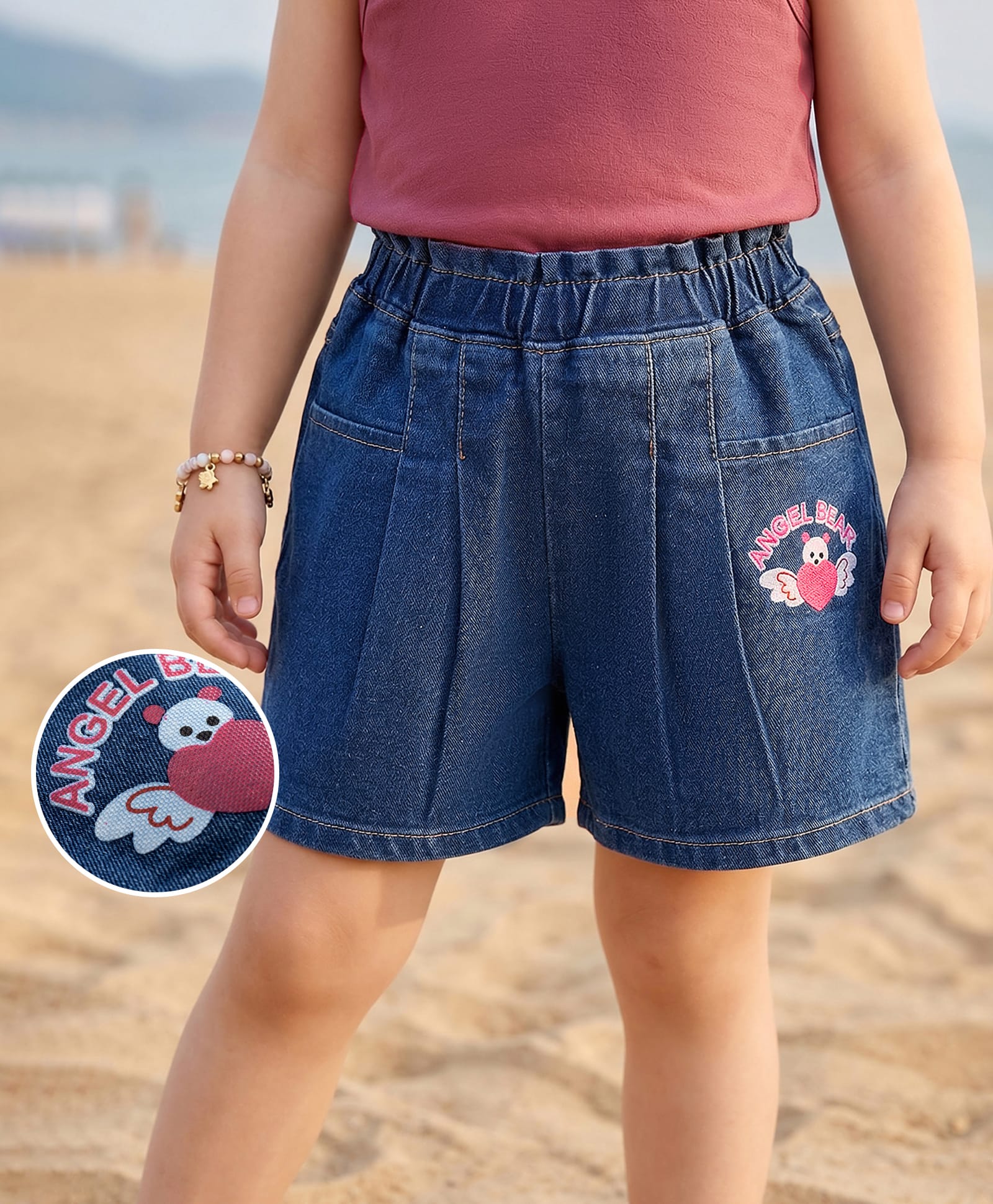 Mark & Mia Cotton Lycra Denim Shorts with Angel Bear Print - Blue-picture-28