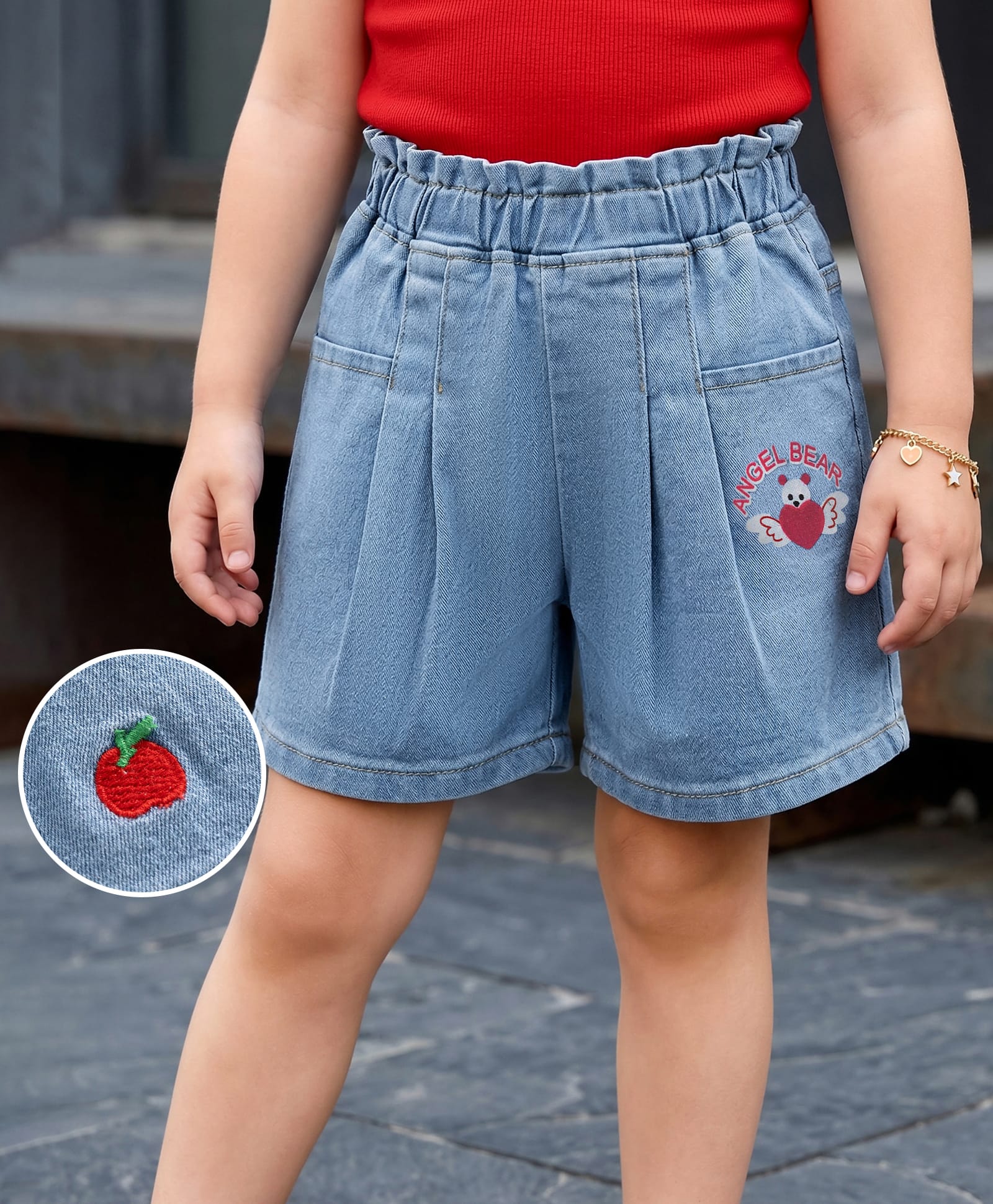 Mark & Mia Cotton Lycra Denim Shorts with Angel Bear Print - Light Blue-image-36