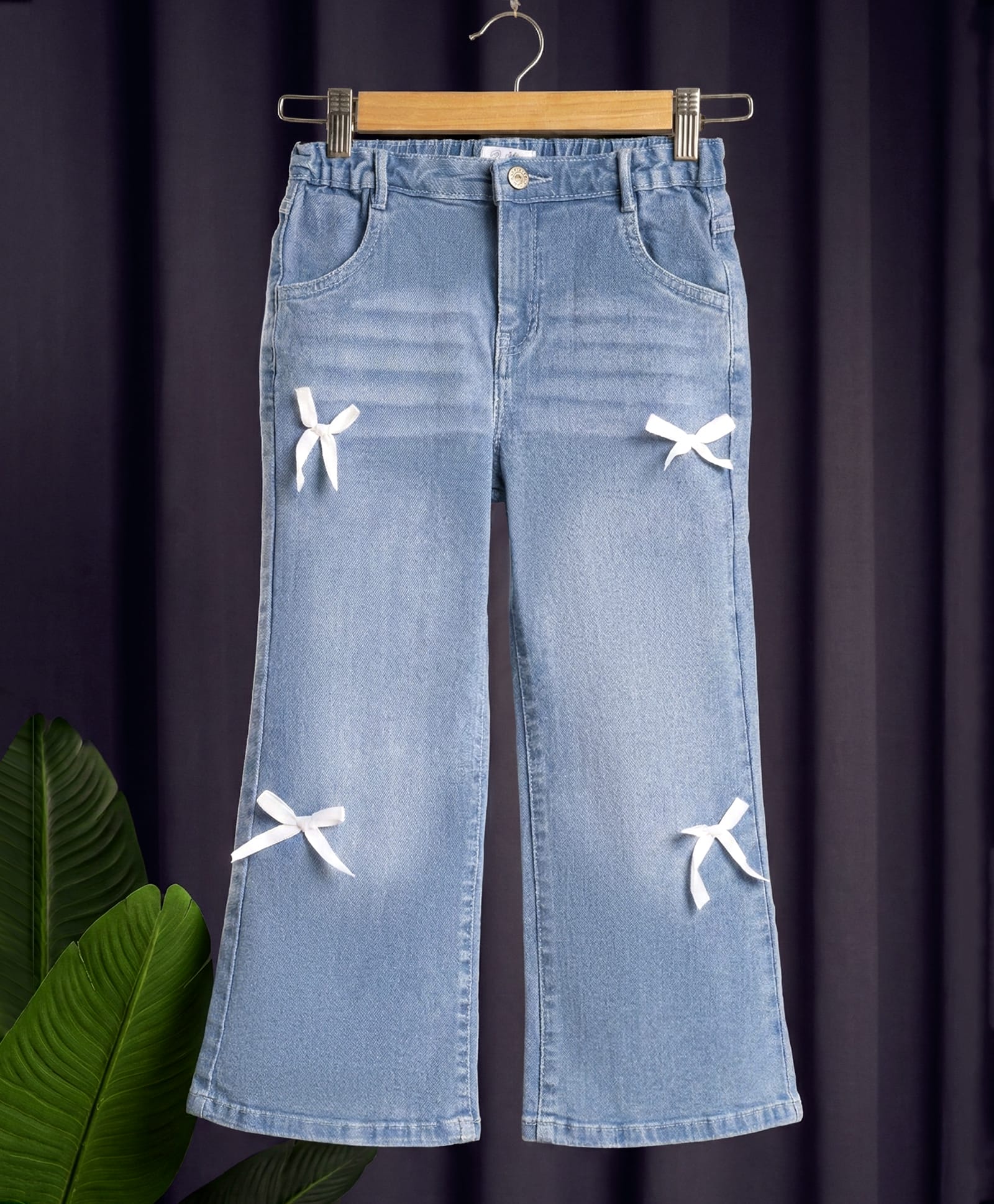 Mark & Mia Cotton Lycra Full Length Denim Jeans with Ribbon Bow Detailing - Blue