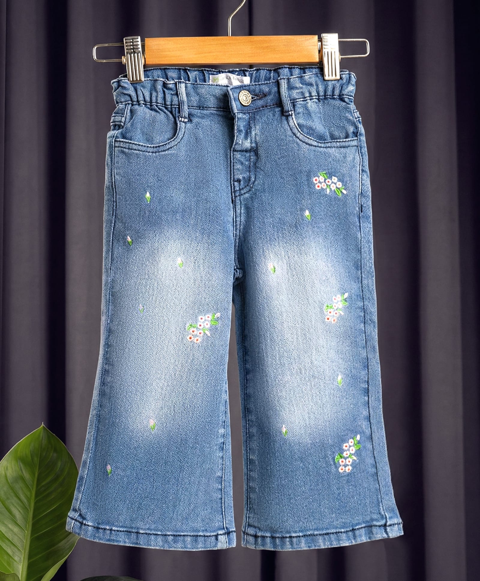 Mark & Mia Cotton Lycra Full Length Denim Jeans with Floral Embroidery Detailing- Blue
