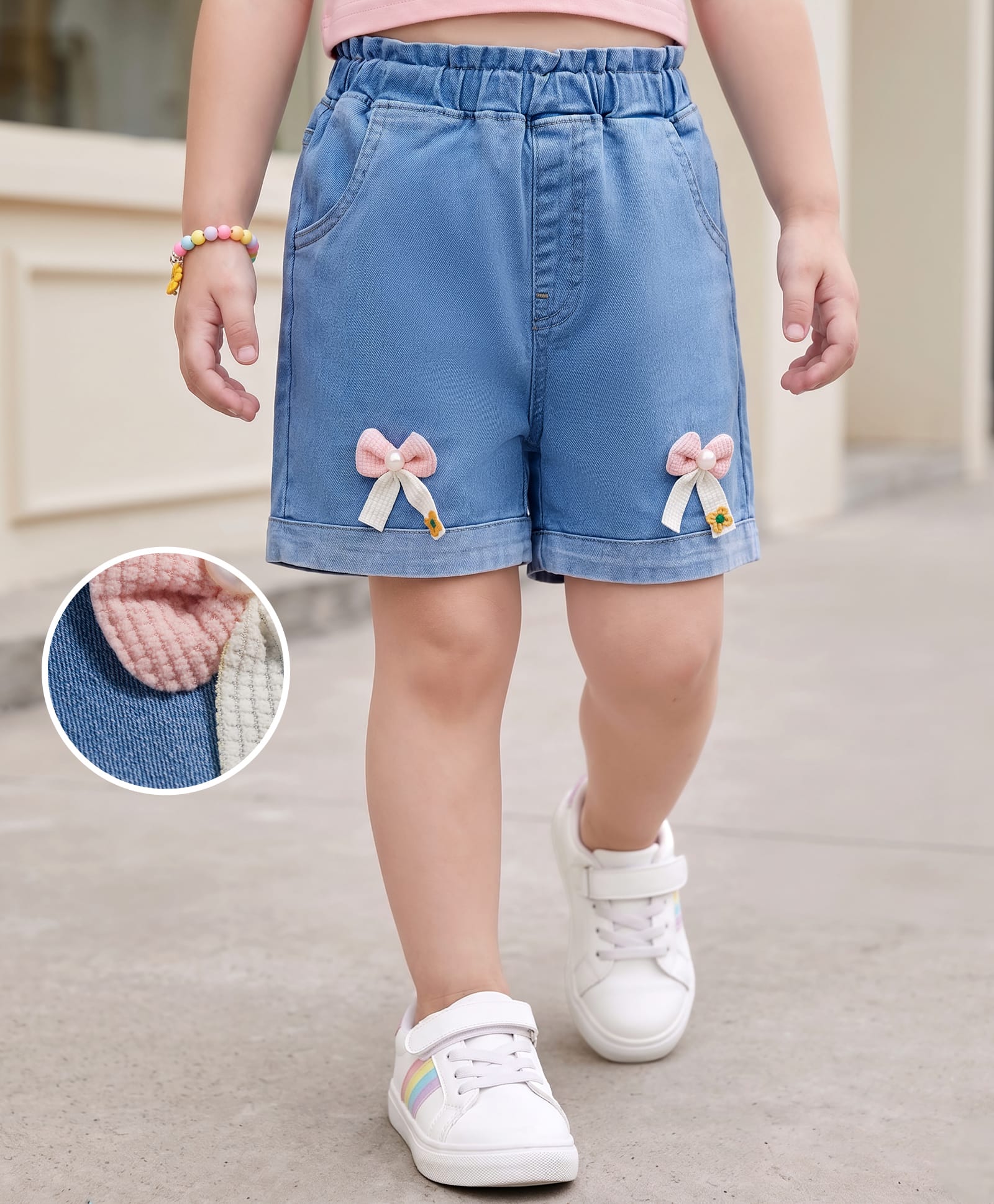 Mark & Mia Cotton Lycra Denim Shorts With Bow Applique - Blue-picture-15