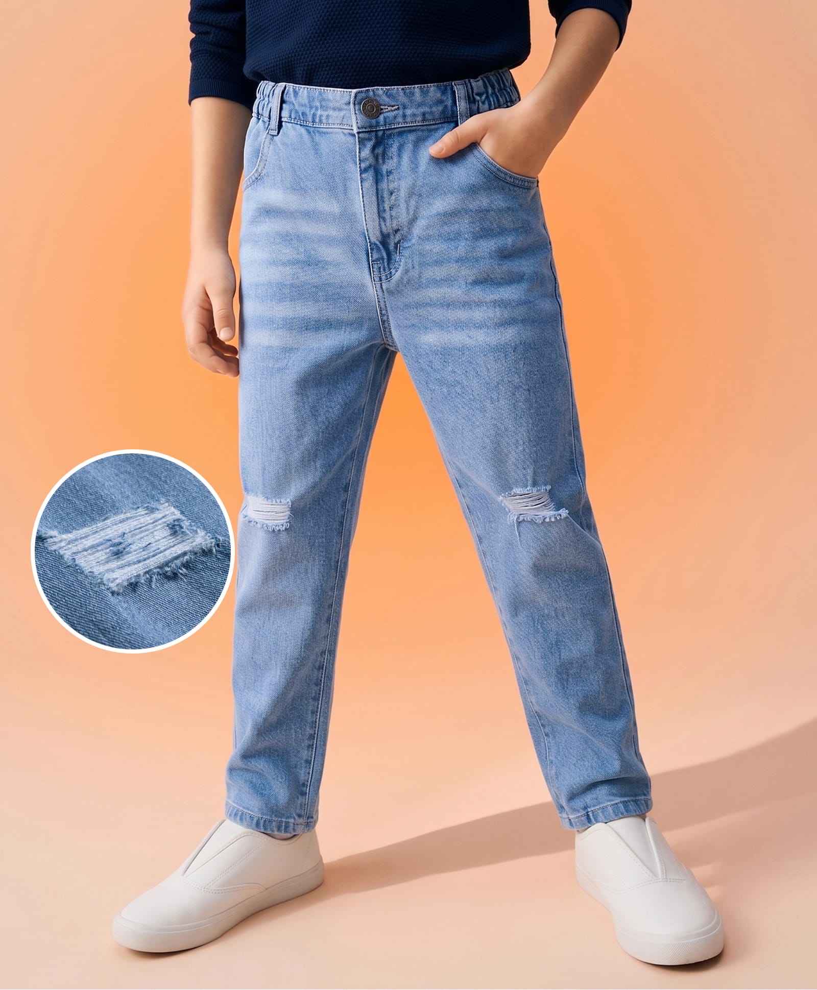 Mark & Mia Cotton Lycra Full Length Denim Jeans with Wisker & Tearing Detailing - Light Blue-picture-23