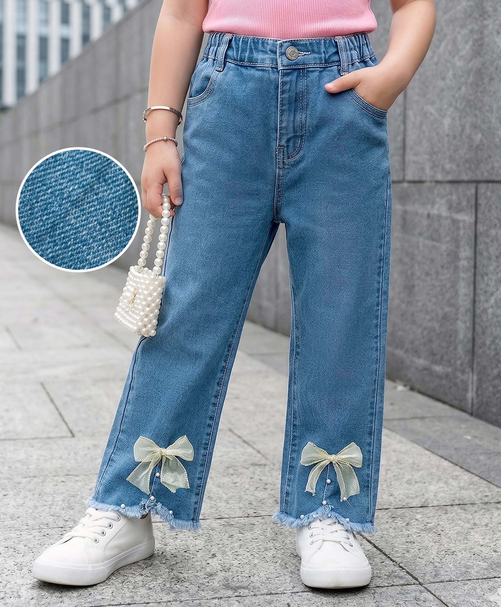 Mark & Mia Cotton Lycra Denim Jeans With Bow Detailing - Blue-picture-15