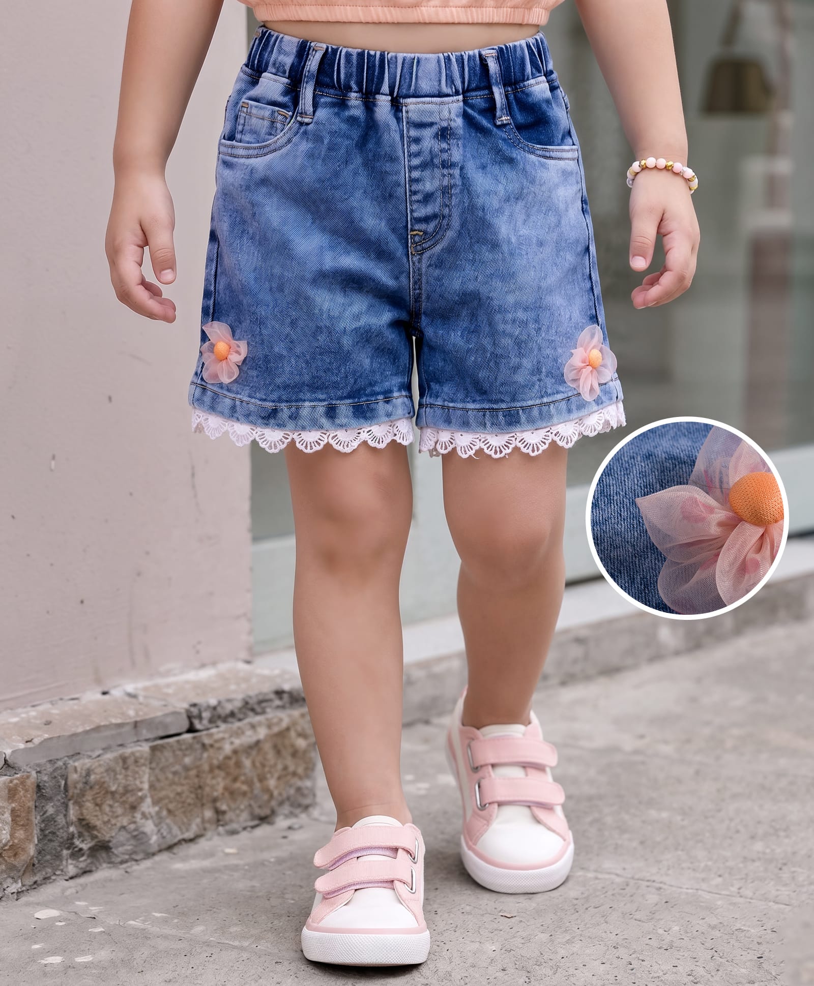 Mark & Mia Cotton Lycra Denim Shorts With Floral Applique - Light Blue-image-28