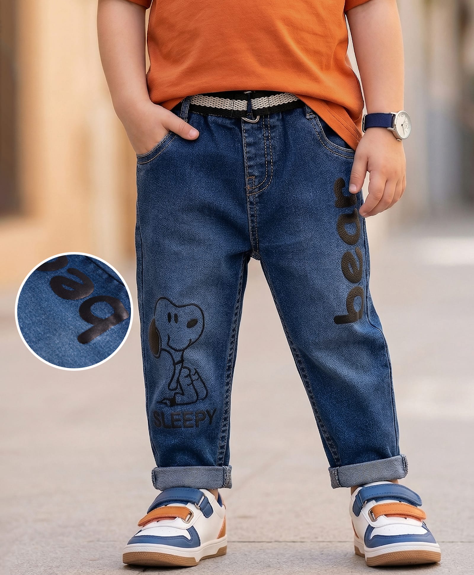 Mark & Mia Cotton Lycra Full Length Denim Jeans With Spray Print & Belt - Blue-picture-18