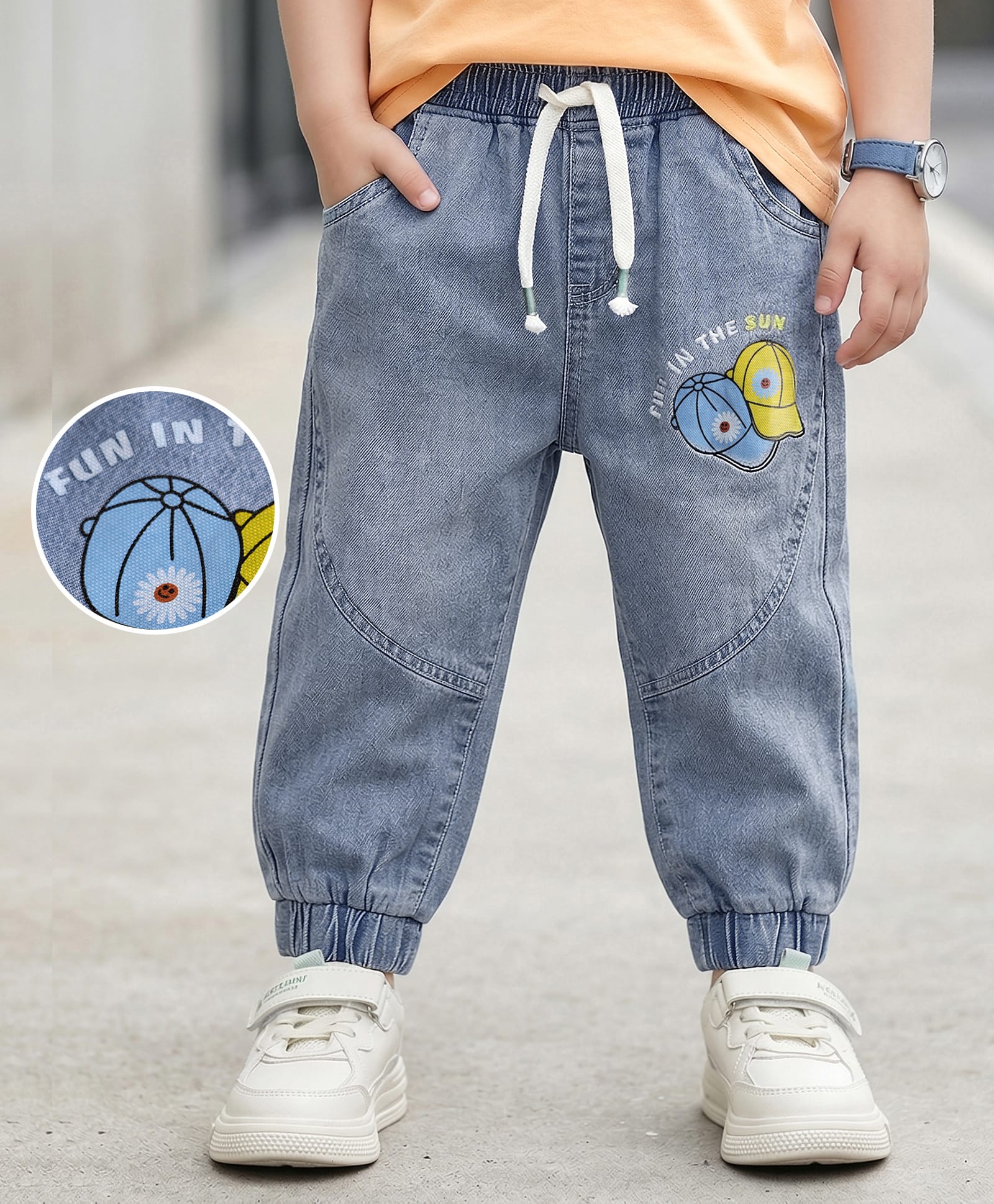 Mark & Mia Cotton Lycra Full Length Cut & Sew Denim Jeans with Cap Print - Light Blue-picture-14