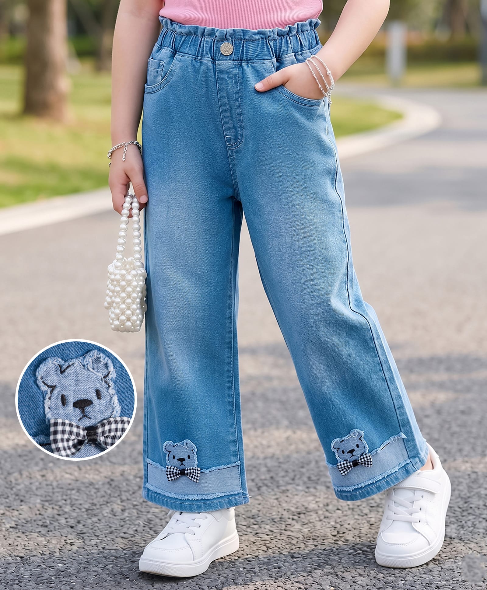 Mark & Mia Denim Cotton Lycra Full Length Washed Jeans With Bow & Embroidery - Blue-picture-26