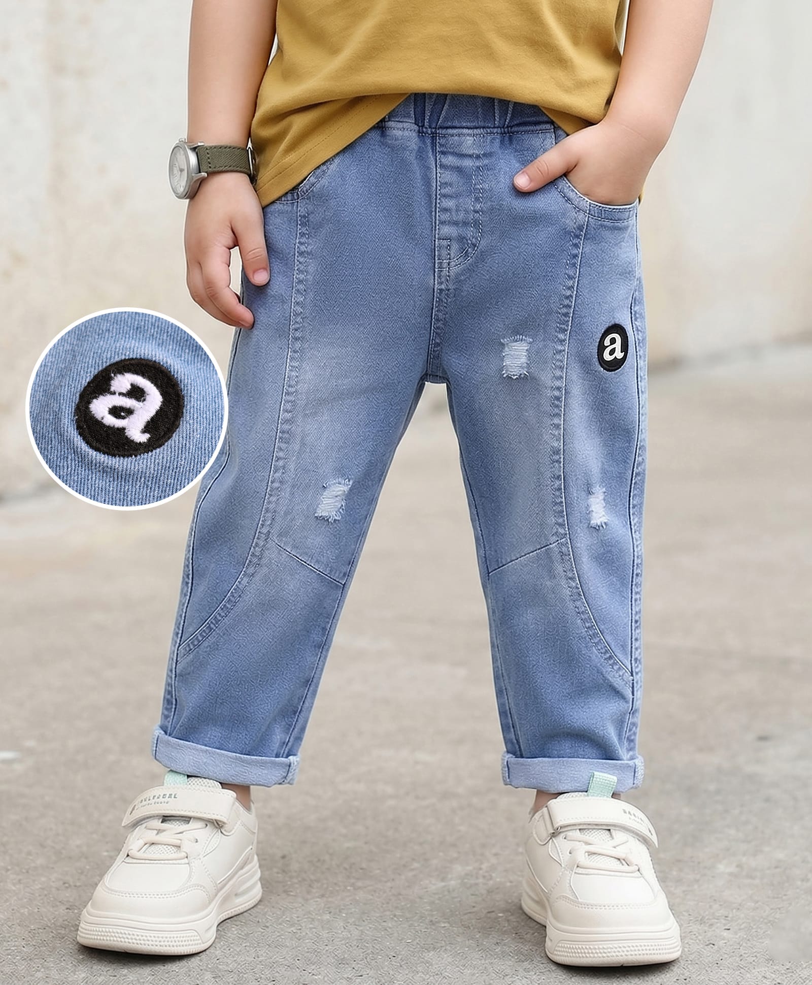Mark & Mia Cotton Lycra Full Length Cut & Sew Denim Jeans with Tearing Detailing - Blue-picture-31