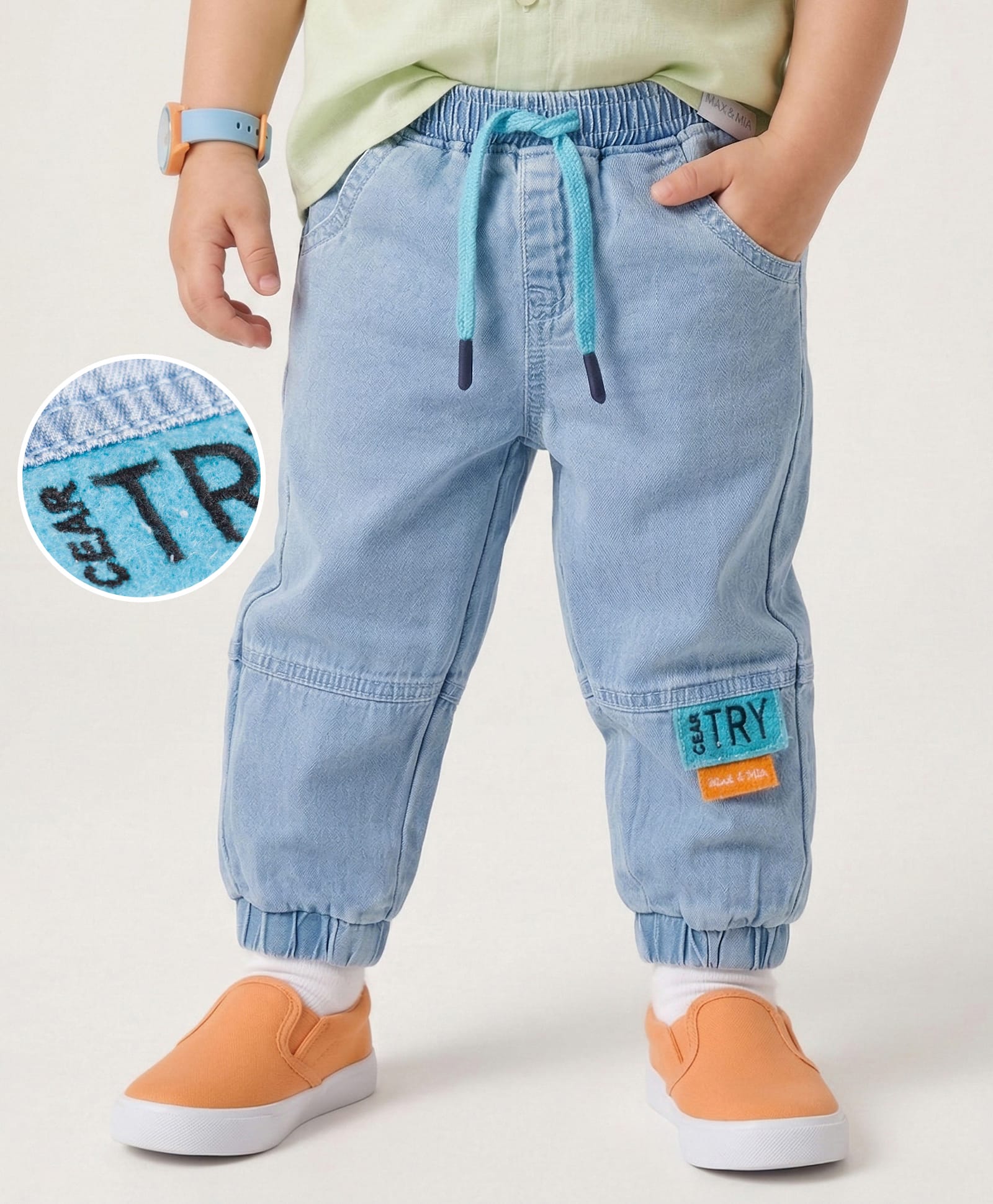 Mark & Mia Cotton Lycra Full Length Cut & Sew Denim Jeans with Cord & Badge Detailing - Light Blue-picture-39